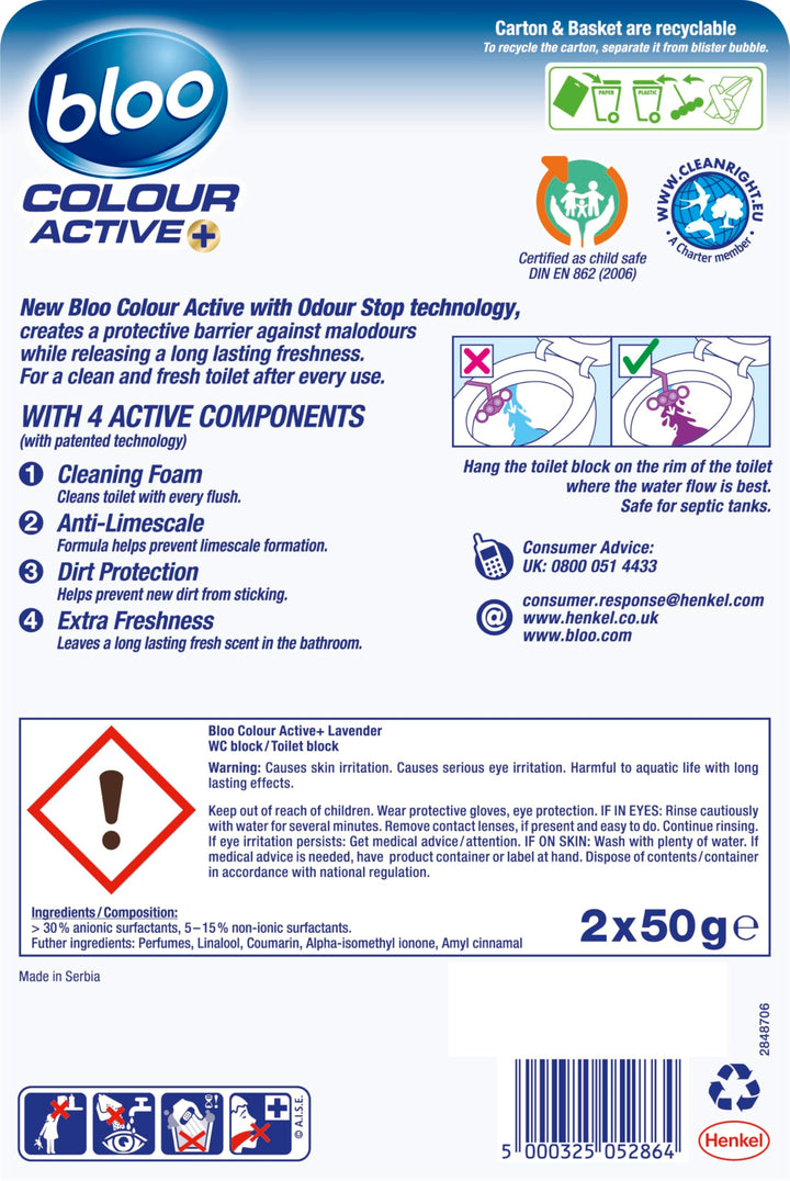 Bloo Colour Active Toilet Rim Block - Lavender Scent, Anti-Limescale, Odour-Stop Technology, 240 Flushes
