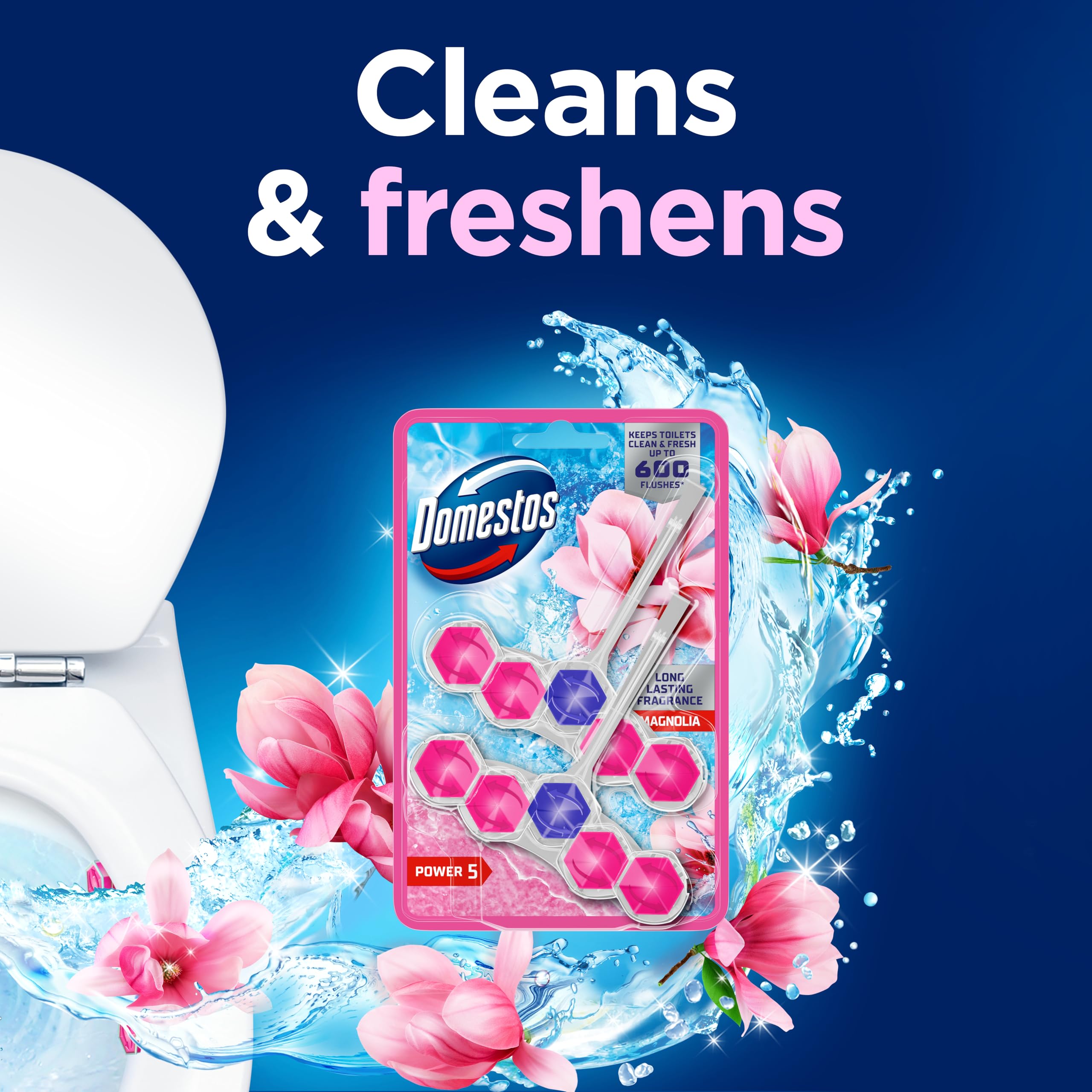 Domestos Power 5 Magnolia Toilet Rim Blocks 2x50g - Long-Lasting Toilet Freshener with Limescale Prevention