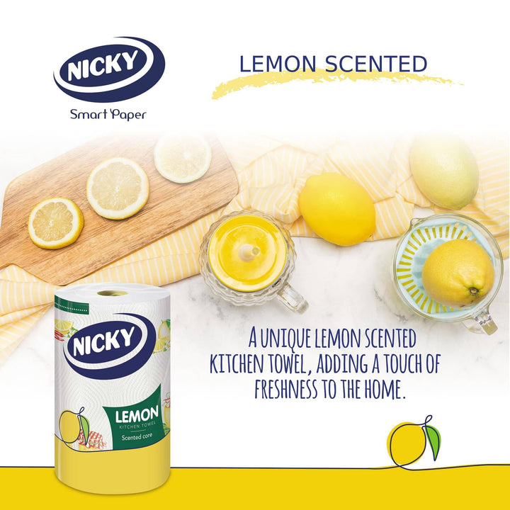Nicky Lemon Kitchen Towel - Pack of 6 Rolls, 150 2-Ply Sheets per Roll, Scented, Embossed, FSC-Certified