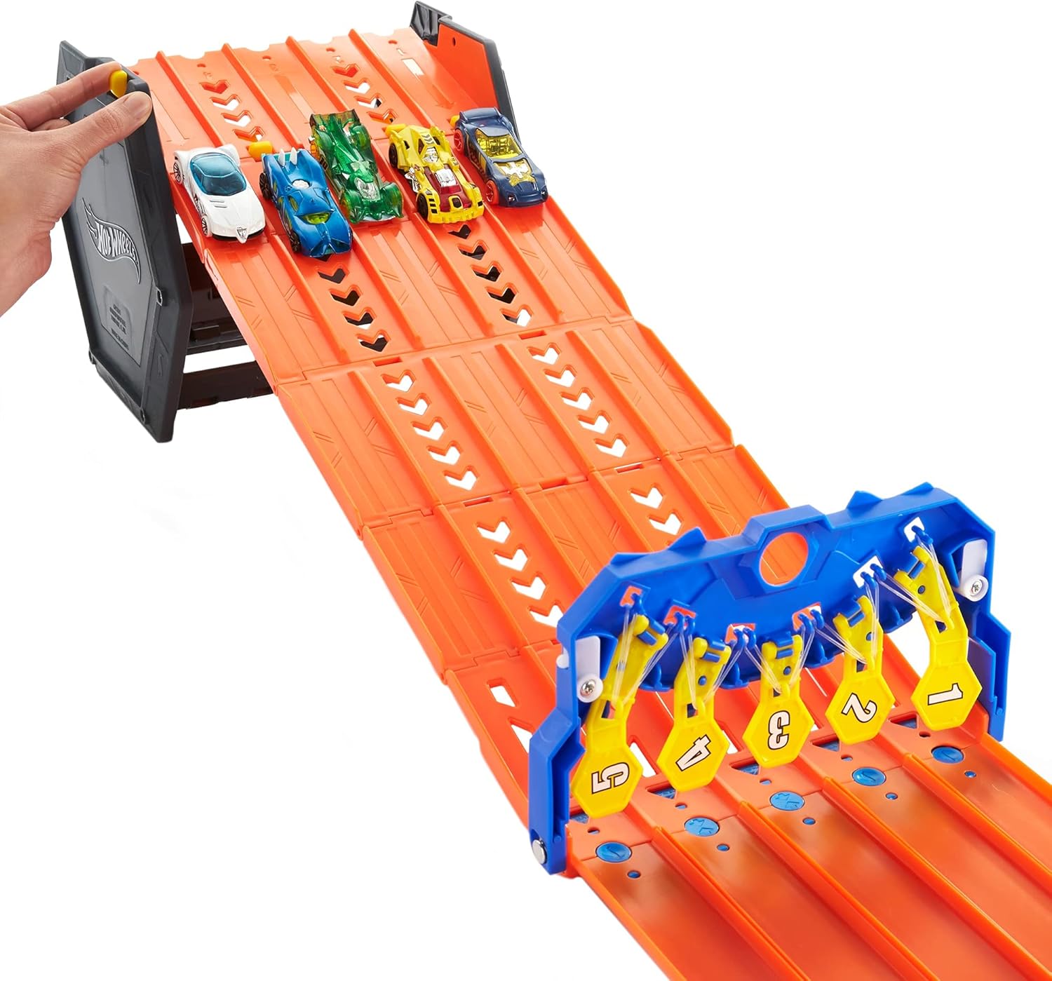 Hot Wheels Roll Out Raceway Track - 5-Lane Racetrack with Storage Bucket for Kids 4+ 5
