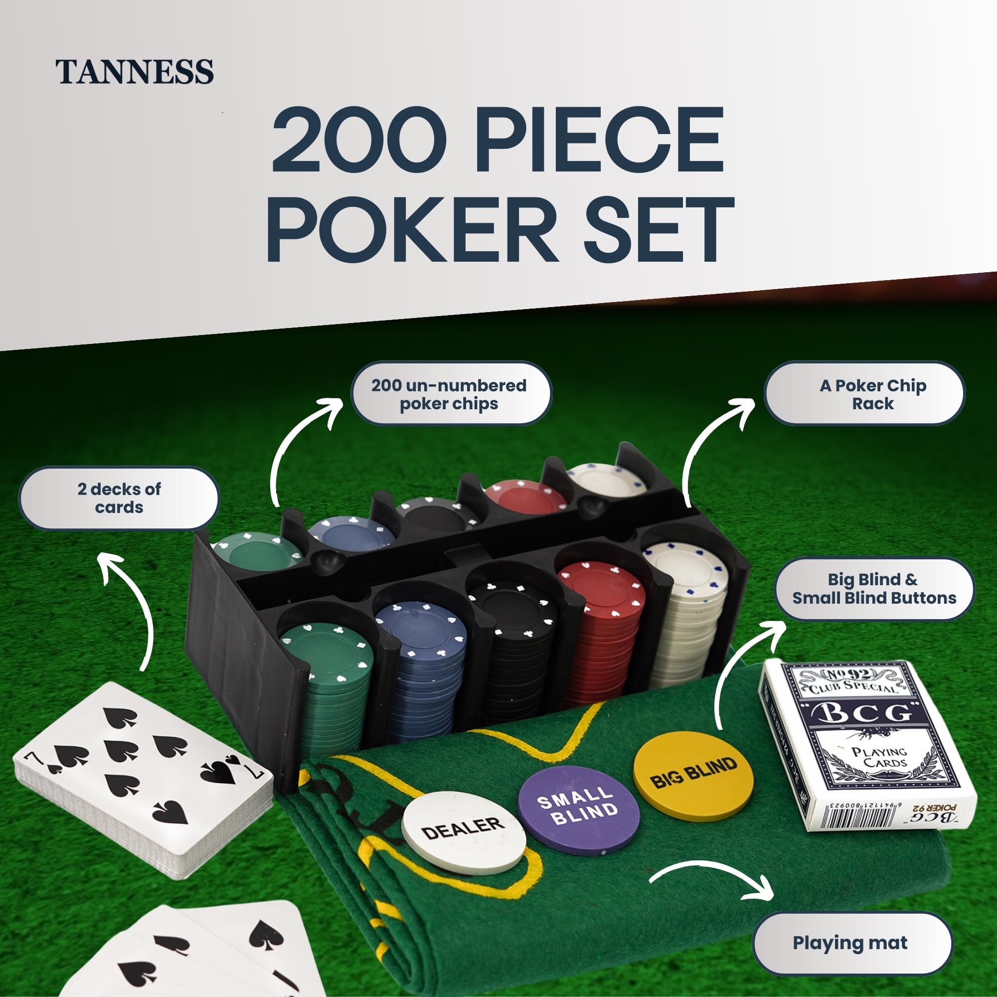 TANNESS 200 Pcs Poker Set - Non-Denominated Chips, Metal Case, Includes Dice & Cards 4