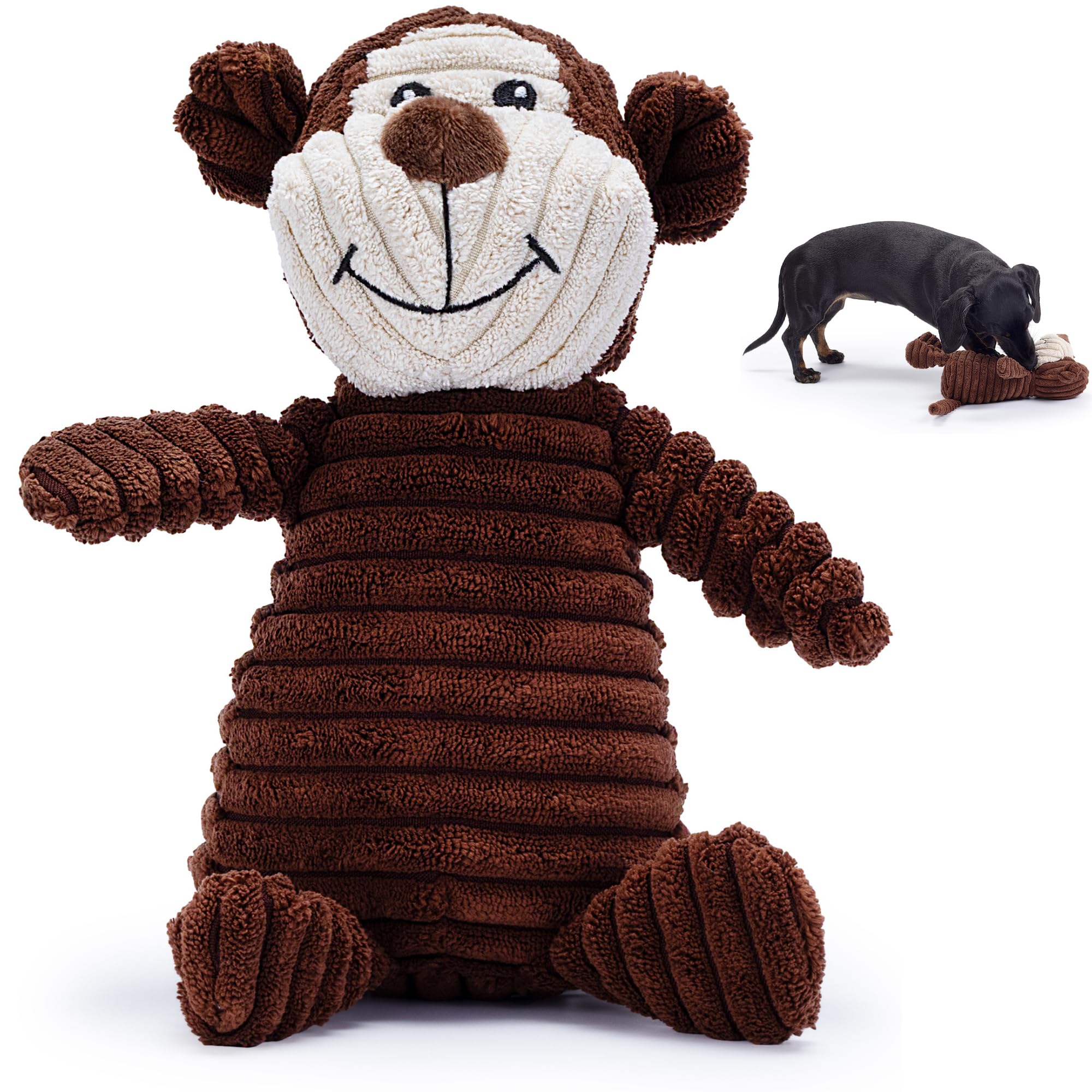 Zappi Co Brown Monkey Plush Dog Toy with Squeaker | Corduroy Texture | Medium Dog Size