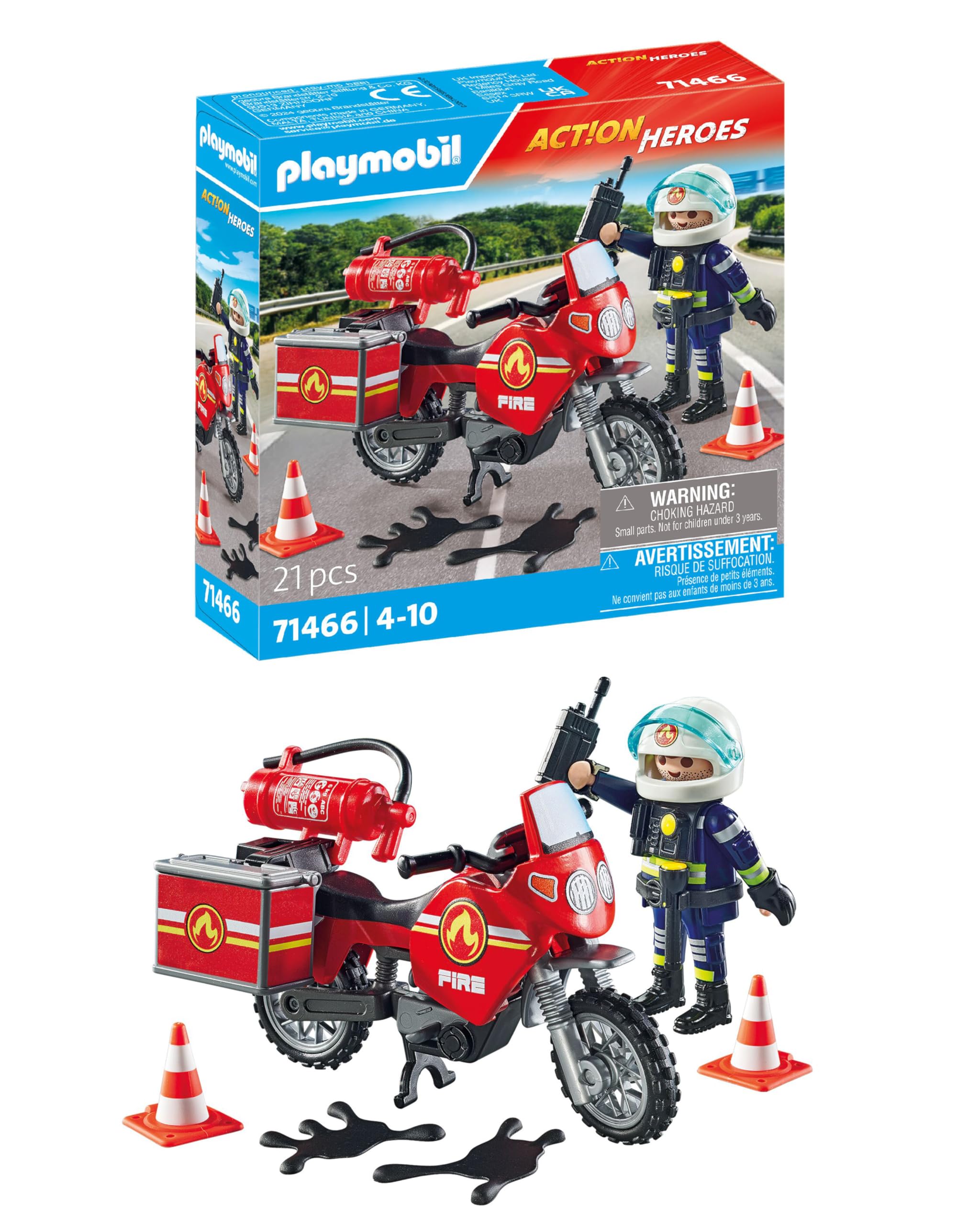 Playmobil 71466 Action Heroes: Motorcycle & Oil Spill Incident Playset - Firefighter Rescue Vehicle with Realistic Role-Play Accessories for Kids 4+
