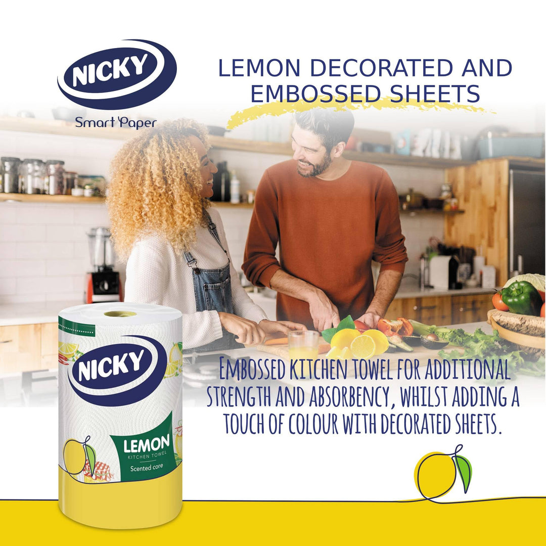 Nicky Lemon Kitchen Towel - Pack of 6 Rolls, 150 2-Ply Sheets per Roll, Scented, Embossed, FSC-Certified