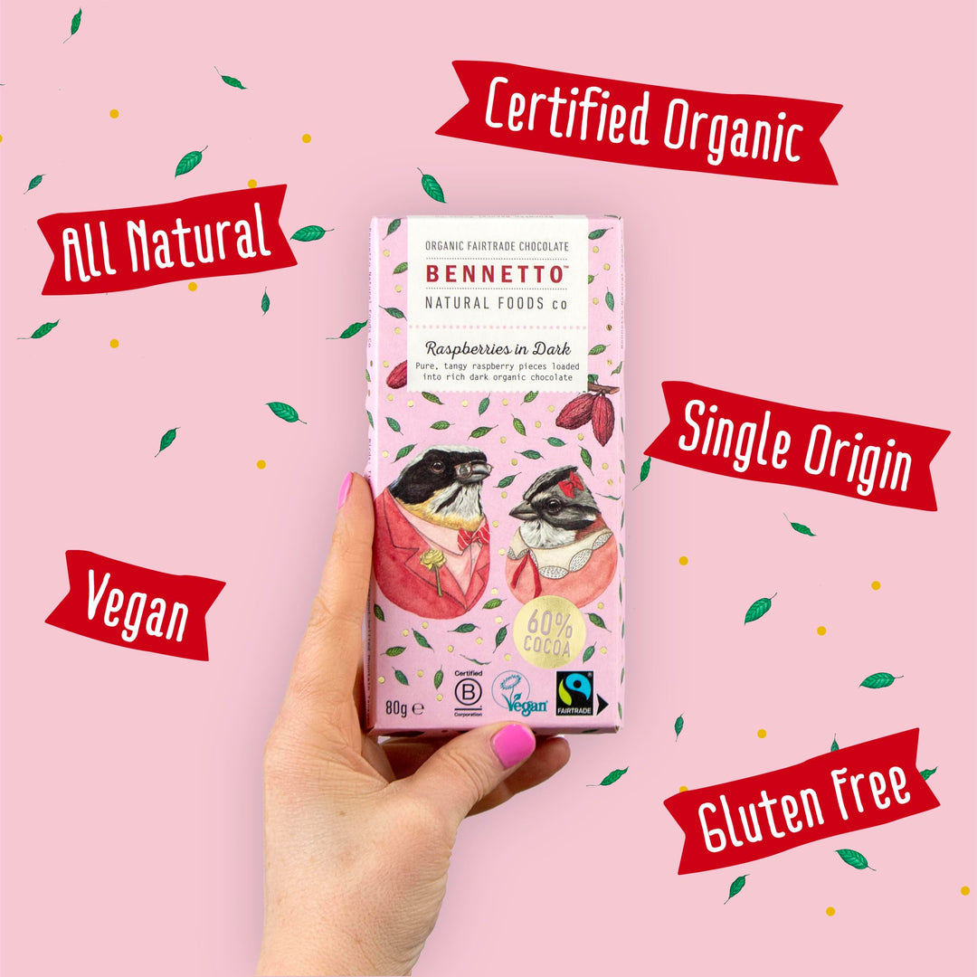 Bennetto Raspberries in Dark Chocolate - 60% Cocoa, Vegan, Gluten-Free, Fairtrade