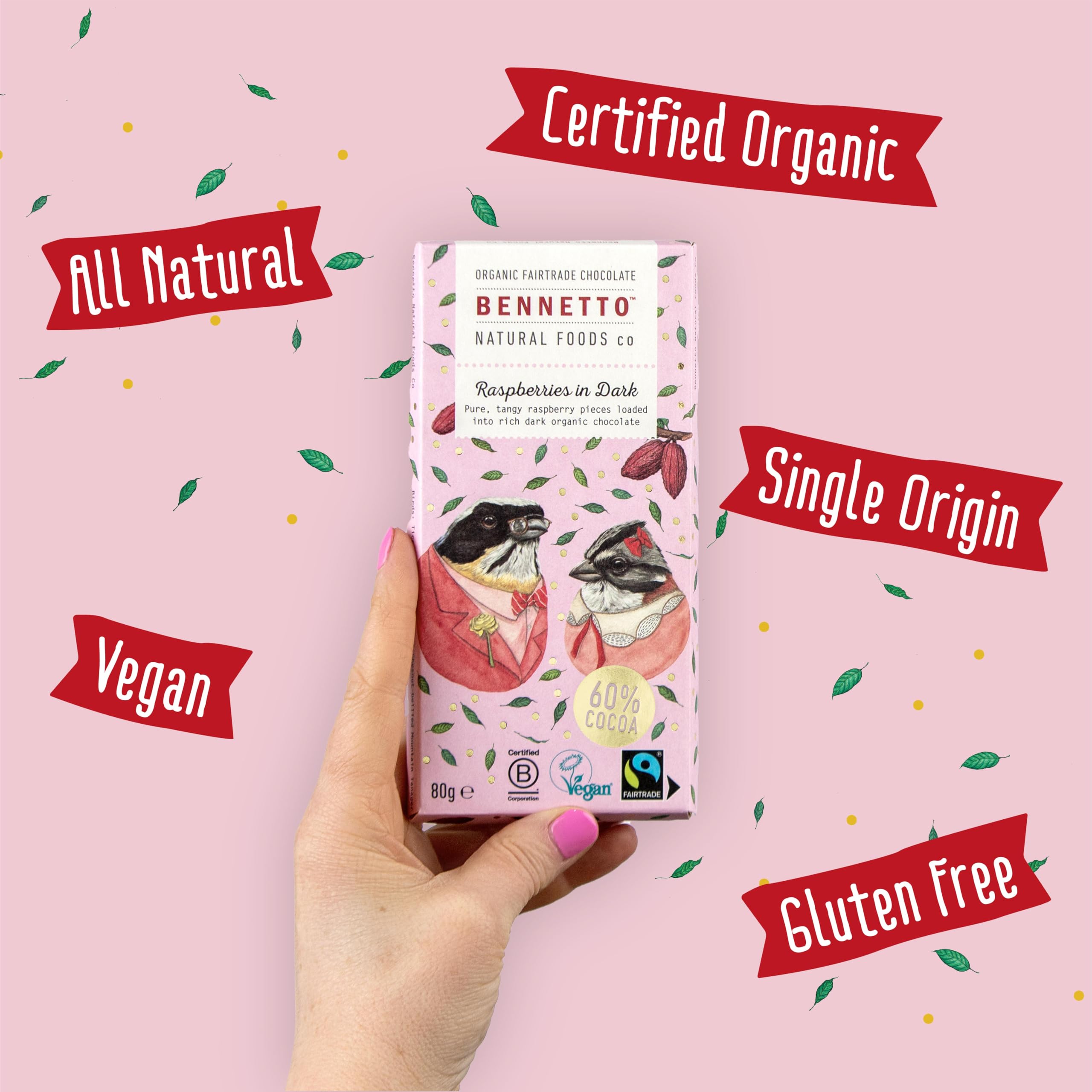 Bennetto Raspberries in Dark Chocolate - 60% Cocoa, Vegan, Gluten-Free, Fairtrade 4