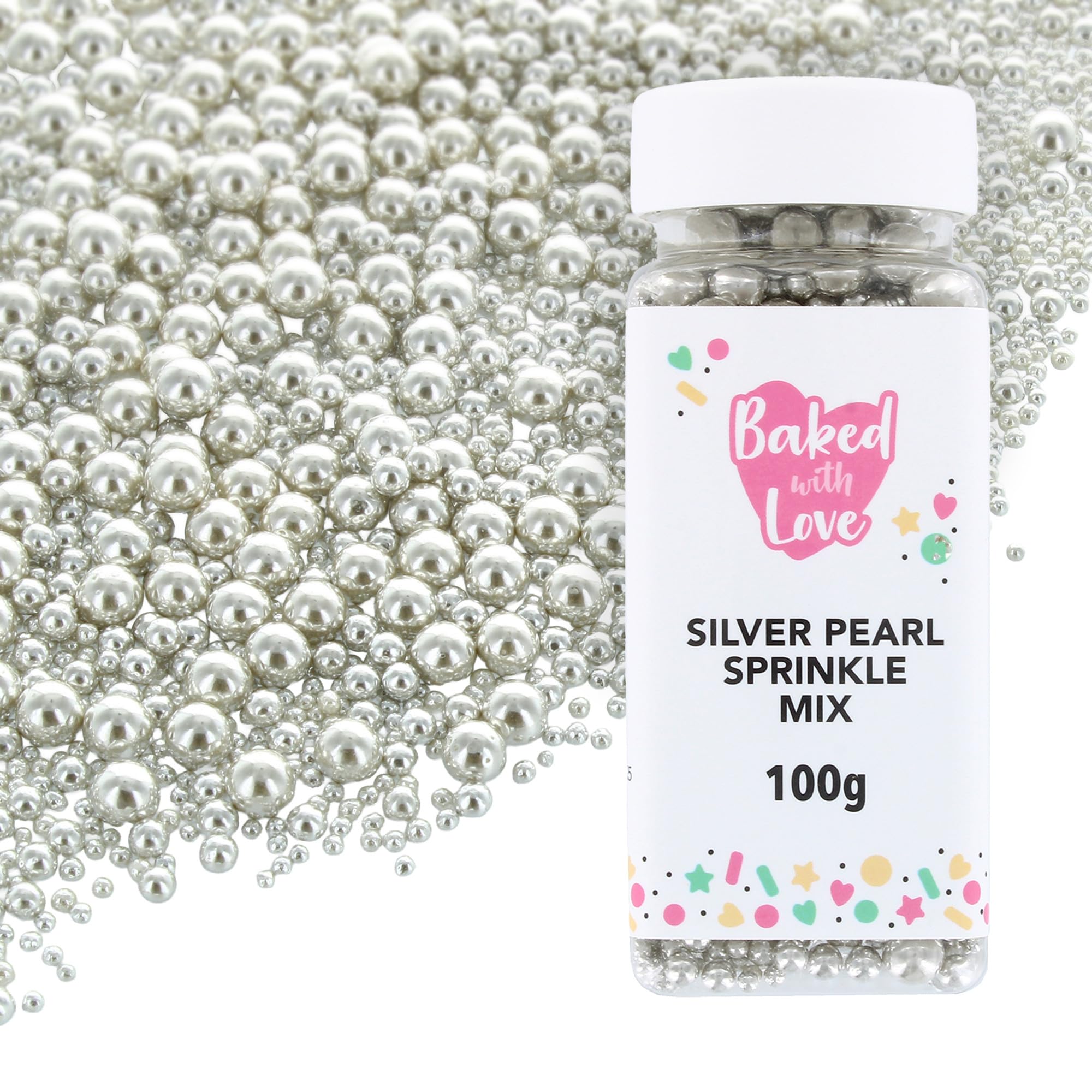 Baked with Love Silver Pearl Sprinkles - Edible Sugar Balls for Cakes & Cupcakes | 100g