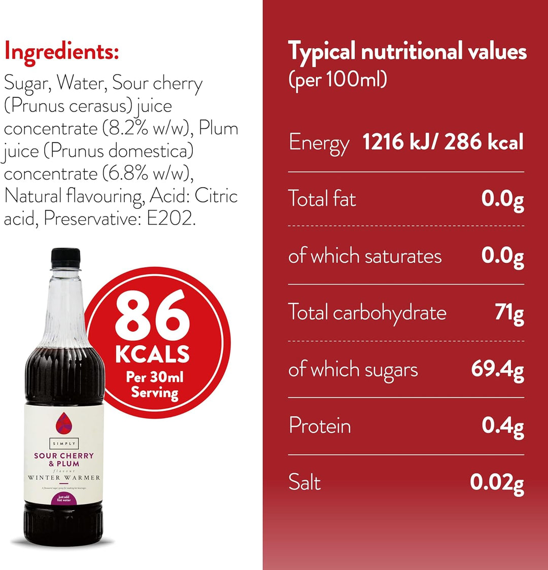 Simply Sour Cherry & Plum Winter Warmer Syrup, Vegan and Nut Free Flavoured Syru