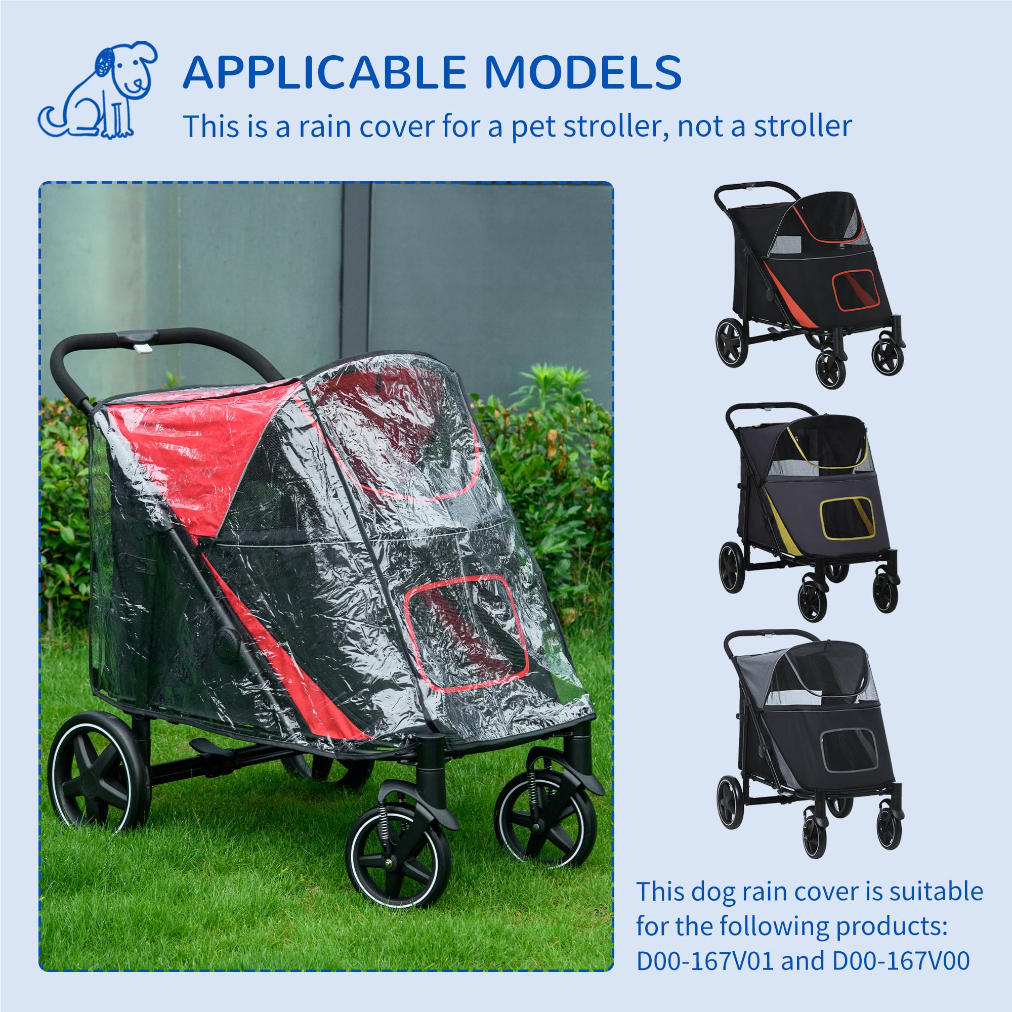 PawHut Dog Stroller Rain Cover - Transparent Plastic | Fits D00-167V01RD/D00-167V00CG | Foldable 3