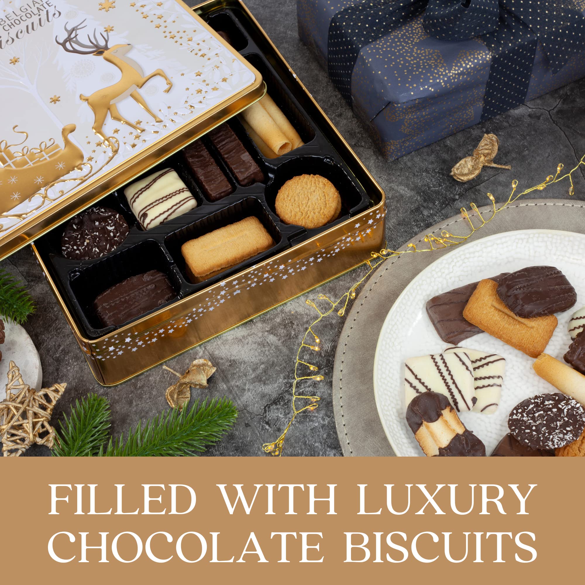 The Silver Crane Co. - Belgian Biscuits Tin Christmas Gift Set with Assorted Chocolates 6