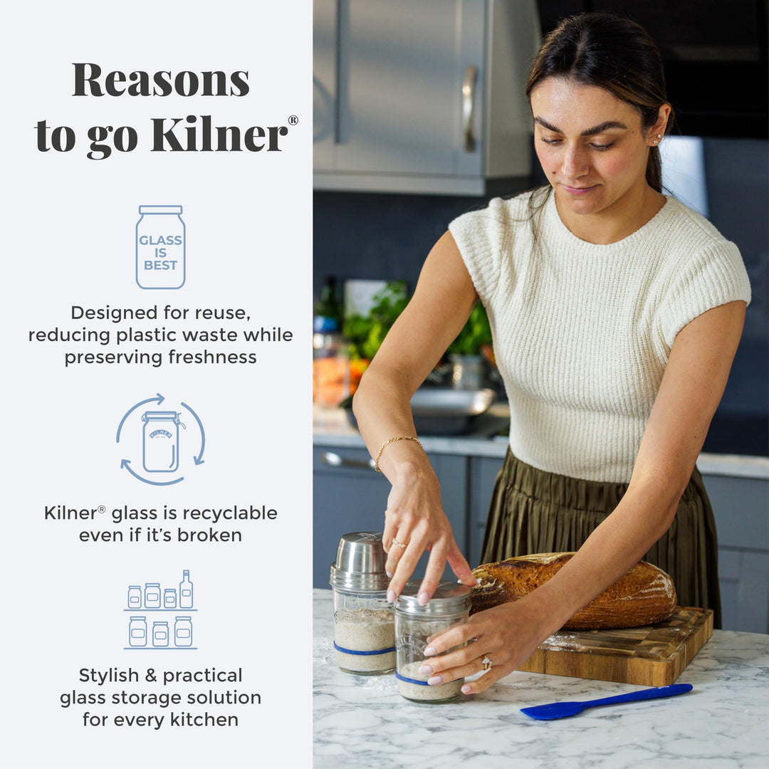 Kilner Sourdough Starter Set with 2 Glass Jars, Measuring Lid, Spatula, and Accessories
