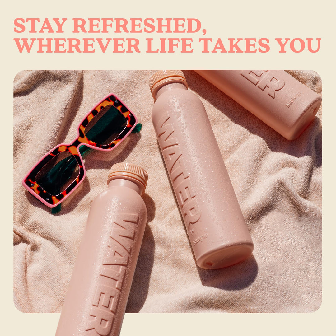 Bottle Up Reusable BPA-Free 500ml Plant-Based Water Bottle – Champagne Pink, Prefilled with Still Spring Water