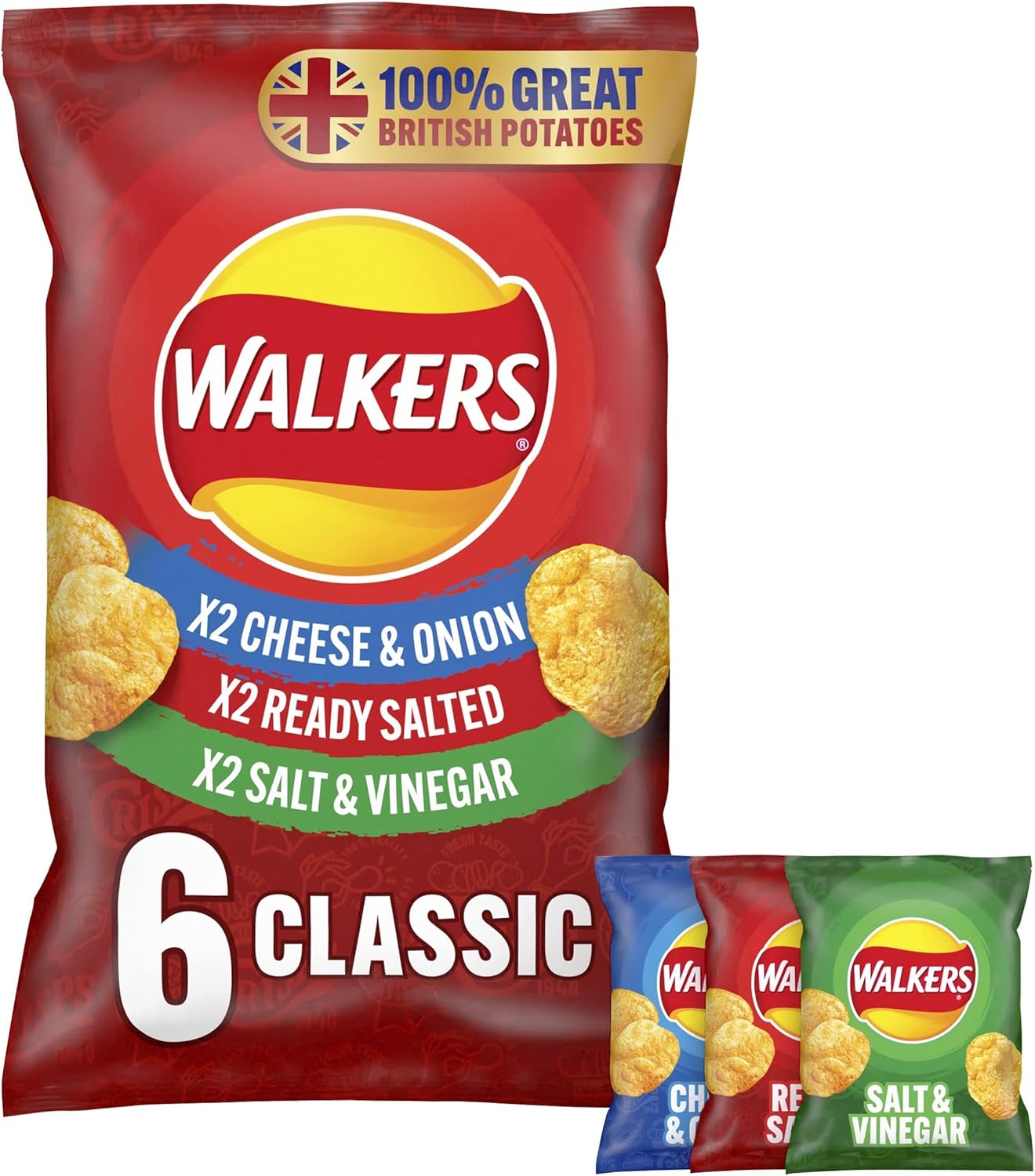 Walkers Classic Variety Multipack Crisps 6x25g - Ready Salted, Cheese & Onion, Salt & Vinegar 1