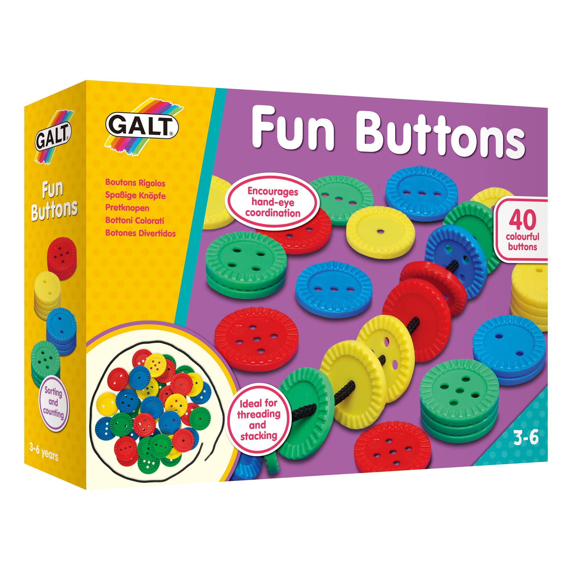 Galt Fun Buttons Threading & Stacking Toy for Ages 3-6 Years | 40 Colourful Buttons 1