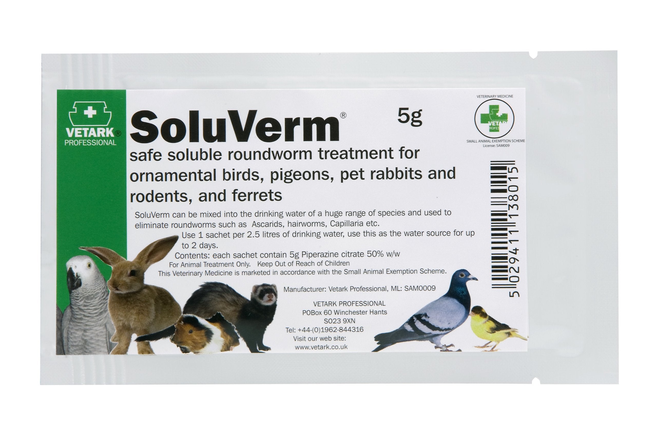 Vetark Soluverm Sachet - Roundworm Treatment for Birds & Small Mammals | 5g Pack of 1