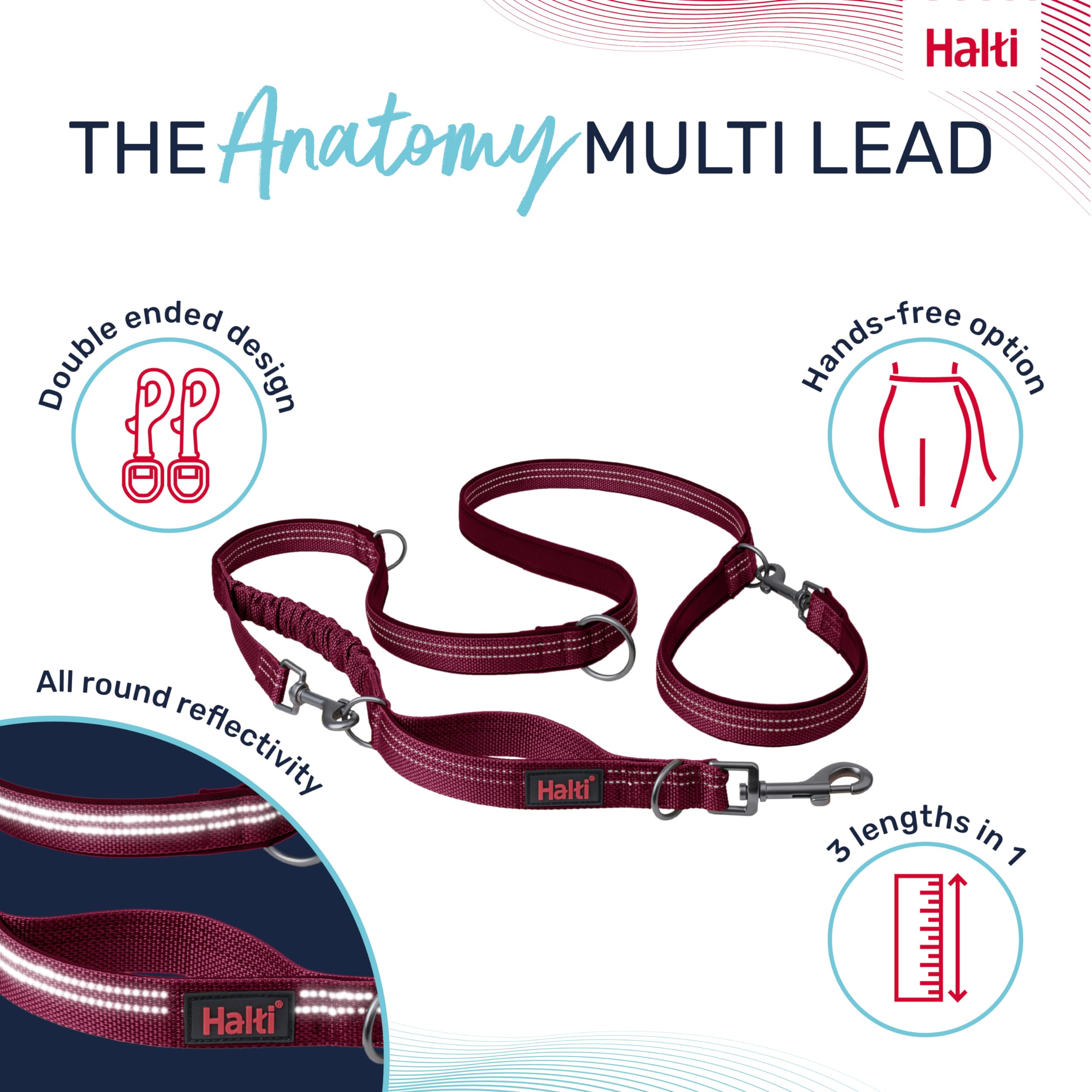 Halti Anatomy Multifunctional Dog Lead - Shock Absorbing Bungee | Size L, Magenta