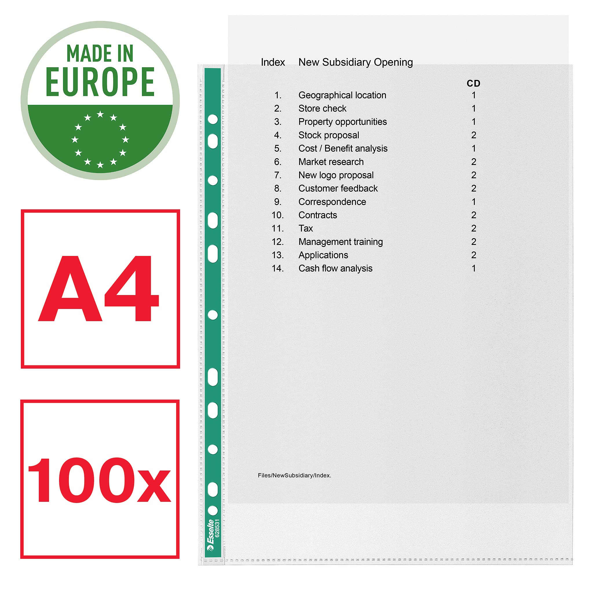 Esselte Premium Punched Pockets A4 Clear Poly Pockets - 100 Pack | 25 Sheet Capacity | 100% Recycled PP 2