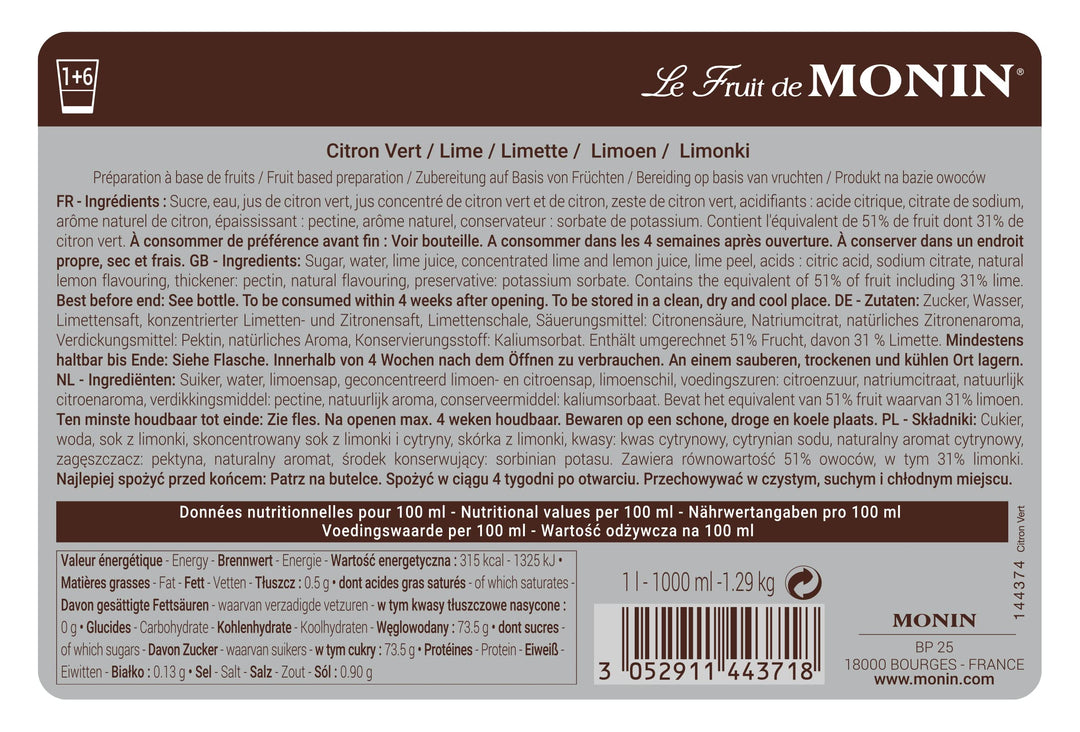 MONIN Lime Fruit Mix Puree 1 Litre - Vegan, Allergen-Free Cocktail & Mocktail Syrup with Natural Flavourings