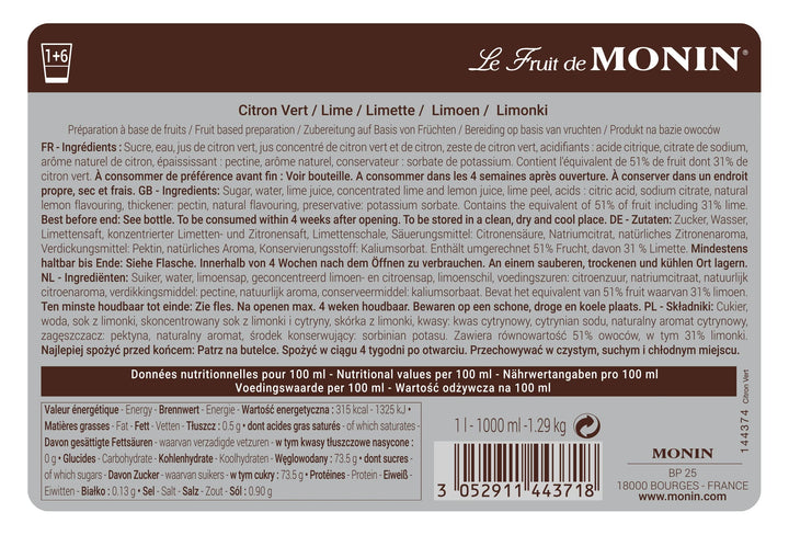MONIN Lime Fruit Mix Puree 1 Litre - Vegan, Allergen-Free Cocktail & Mocktail Syrup with Natural Flavourings