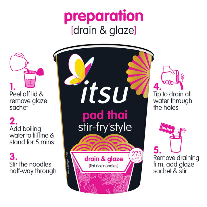 Itsu Pad Thai Stir Fry Style Noodles 83g | Instant Noodles Multipack Pots | Quick-to-Make Snack | Pack of 6
