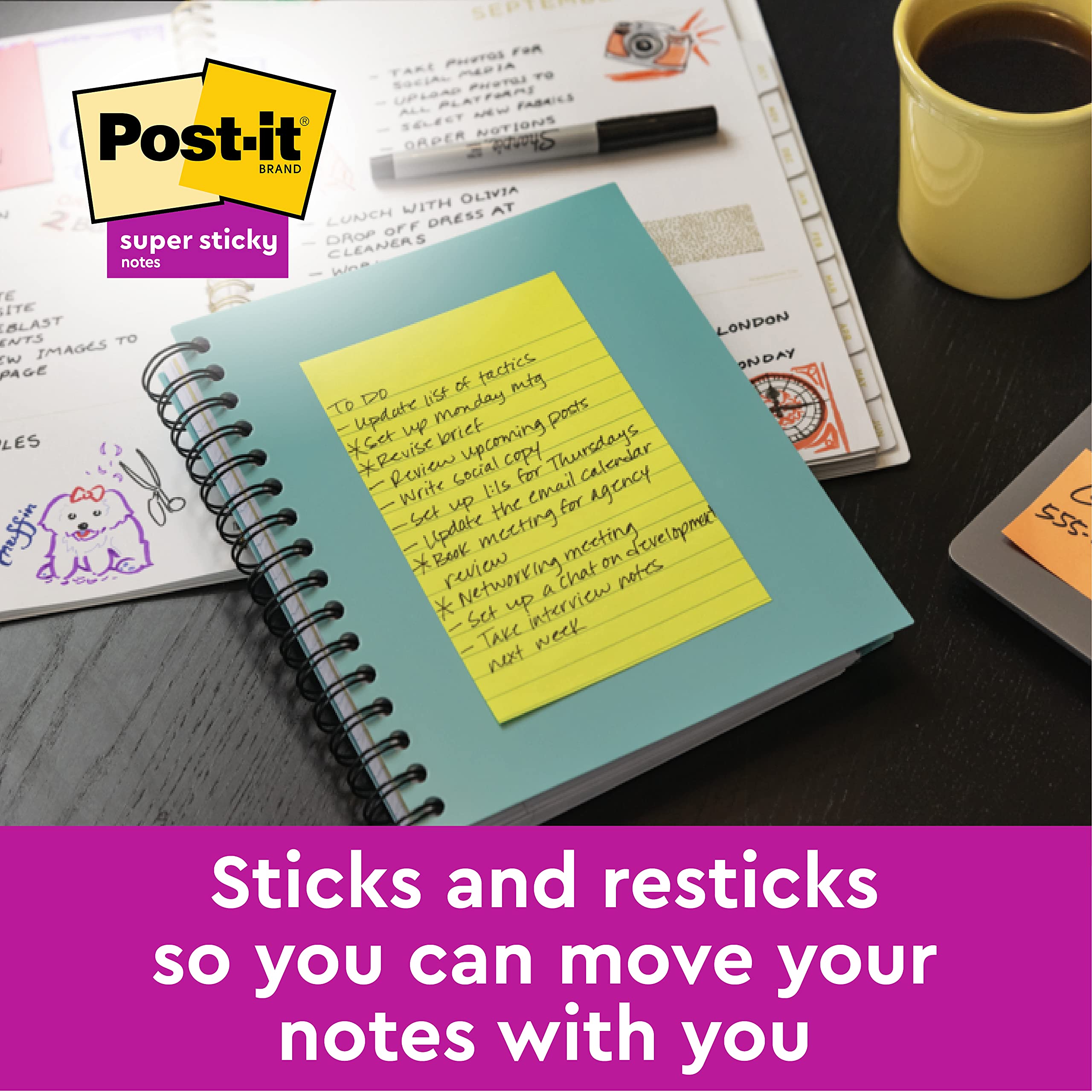 Post-it Super Sticky Large Notes, Pink and Green, Lined, 127 mm x 203 mm, 45 Sheets/Pad, 2 Pads - Self-stick Notes For Note Taking, To Do Lists & Reminders 5