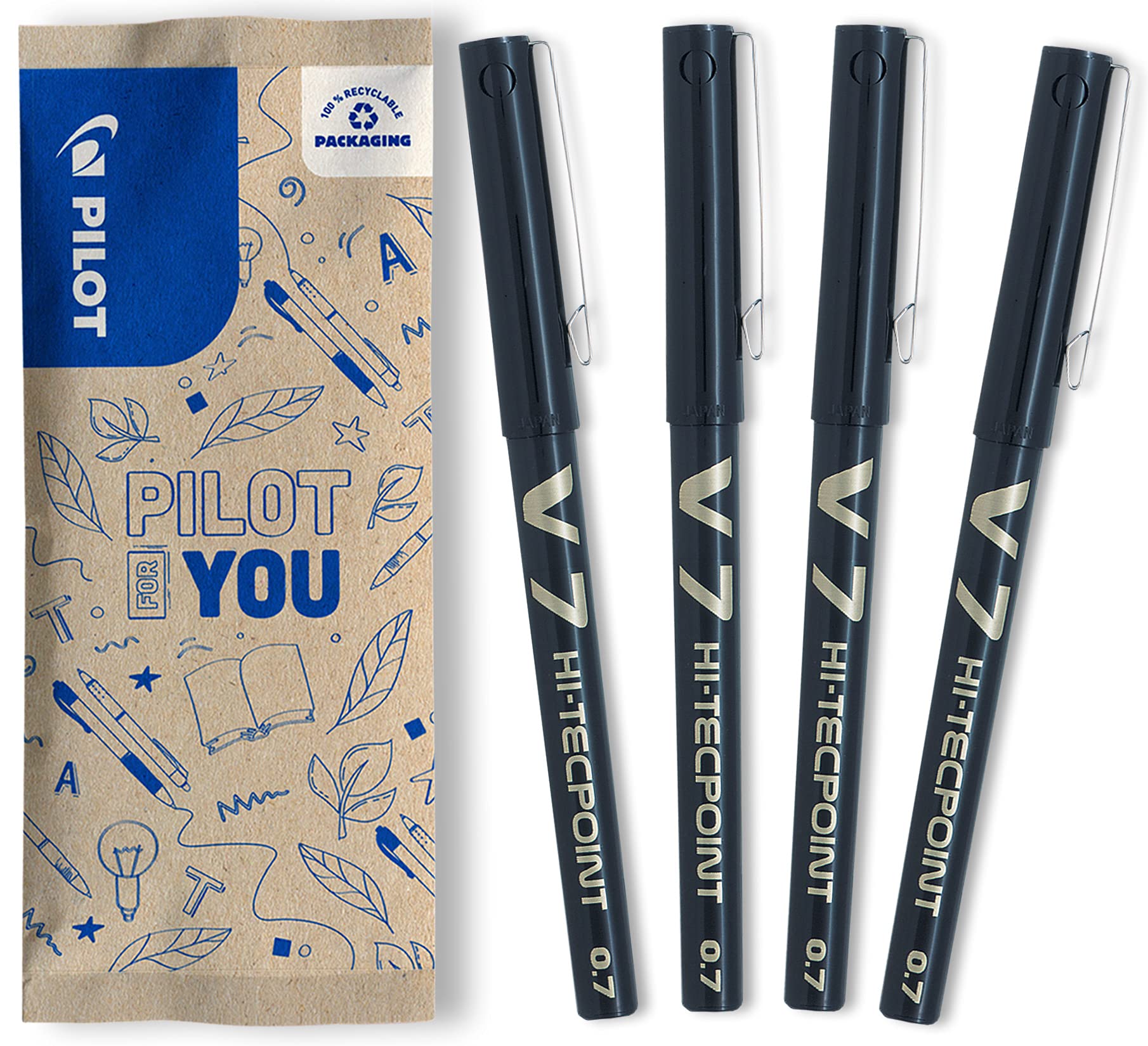 PILOT V7 Liquid Ink Rollerball Pen - 0.7mm Tip, Black Ink | Pack of 4 1