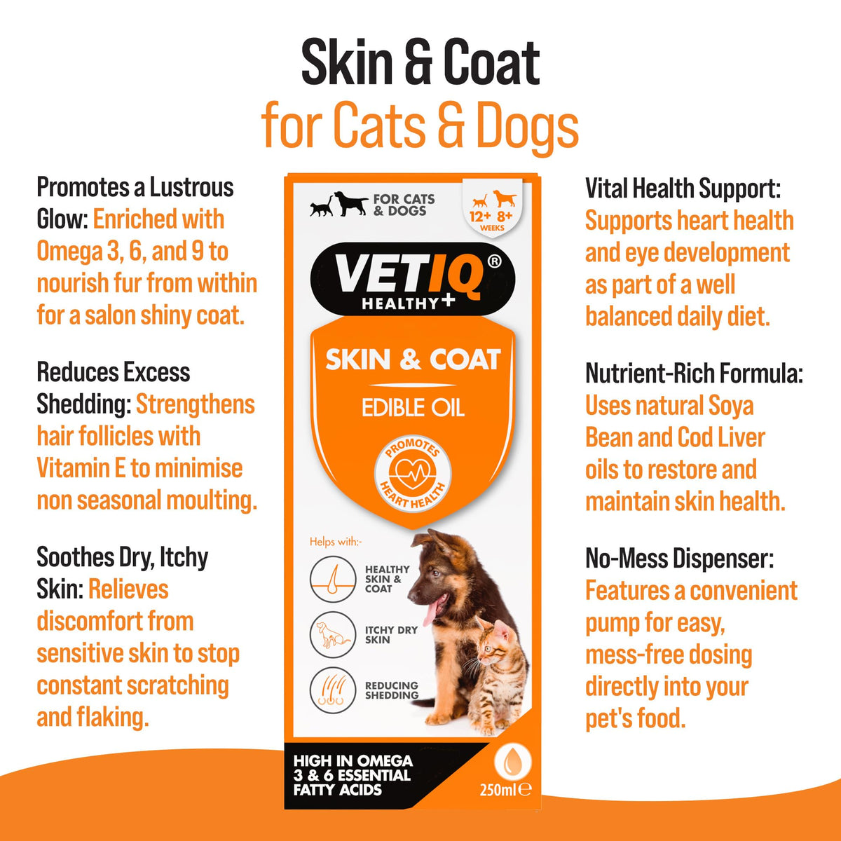VETIQ Skin & Coat Oil for Cats and Dogs, 250ml - Omega 3 & 6