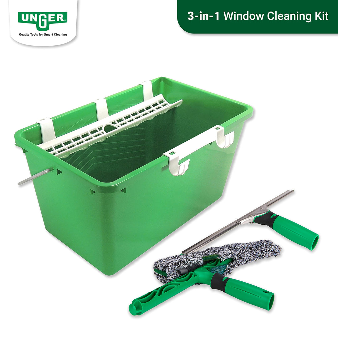 Unger AK013 Window Cleaning Kit 3-in-1 Starter Set with Squeegee, Microfibre Washer & Bucket