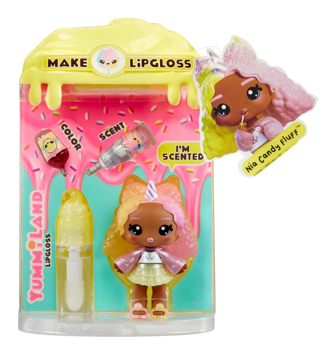 Yummiland Nia Candy Fluff Doll - DIY Lip Gloss Kit with Scented Character & Customizable Fashion