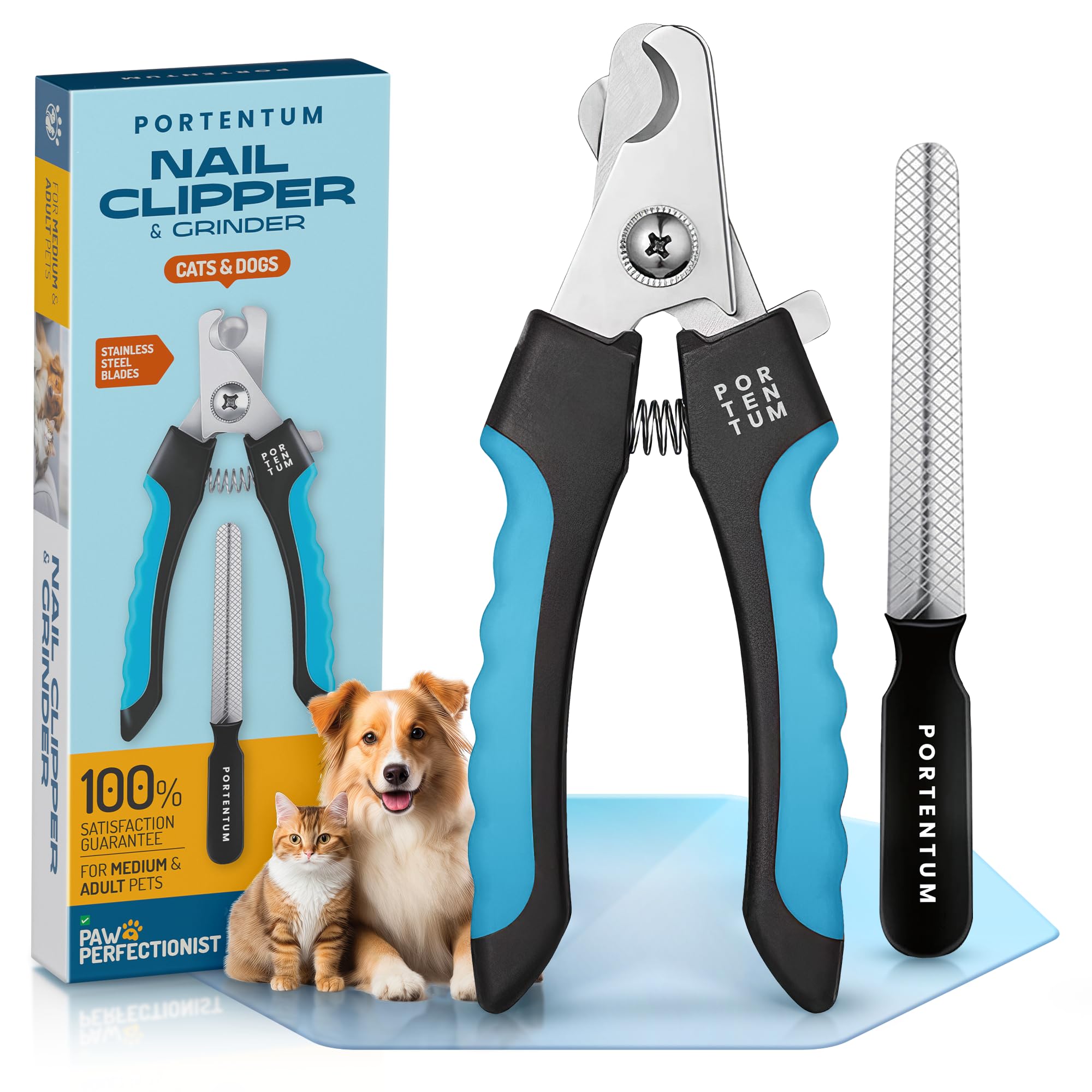 PORTENTUM Dog Nail Clippers - Professional Stainless Steel Grooming Tool for Medium & Large Breeds | Includes Nail File | Blue 1