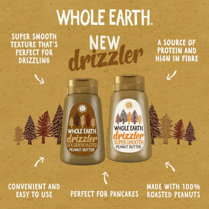 Whole Earth Drizzler Golden Roasted Super Smooth Peanut Butter - 6 x 320g Squeezy Bottles
