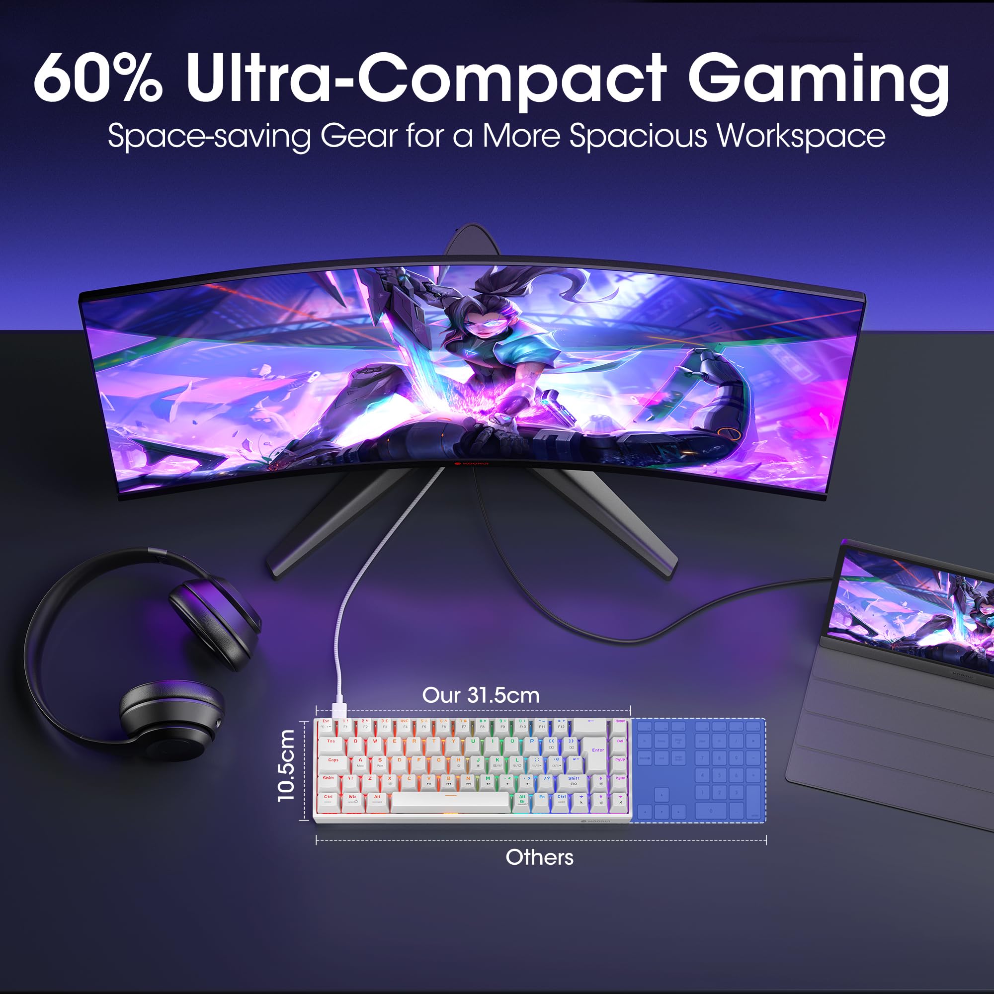 KOORUI 60% Mechanical Gaming Keyboard MKC01, Blue Switch, RGB Backlit, Compact 69-Key Layout with Detachable Type-C Cable 3