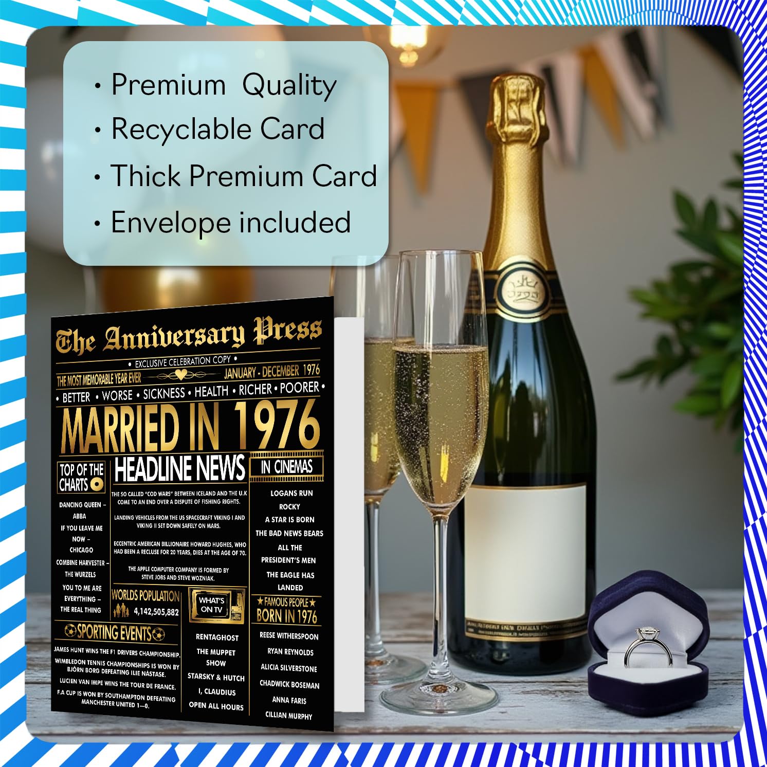 Stuff4 50th Anniversary Greeting Card | Married in 1976 Newspaper Design | 5x7 Inch 3