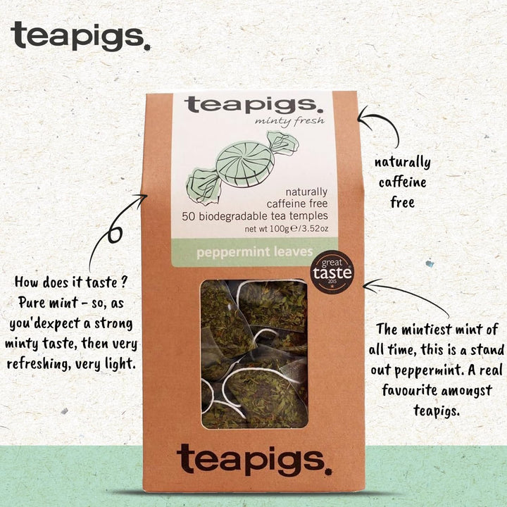 teapigs Peppermint Tea - Caffeine-Free Mint Tea Bags with Whole Peppermint Leaves - 50 Bags