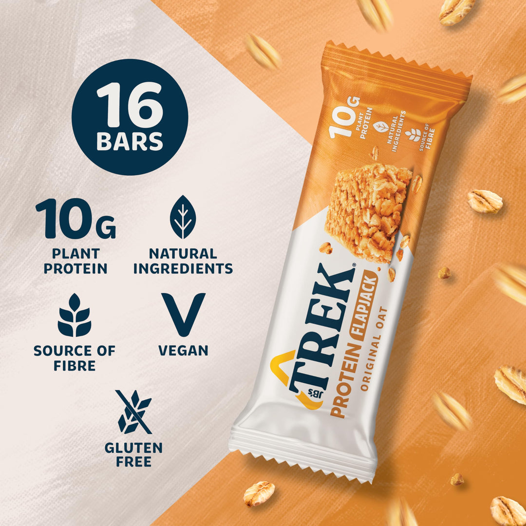 TREK Original Oat High Protein Flapjack - Gluten Free, Plant Based, Vegan - 16 x 50g Bars