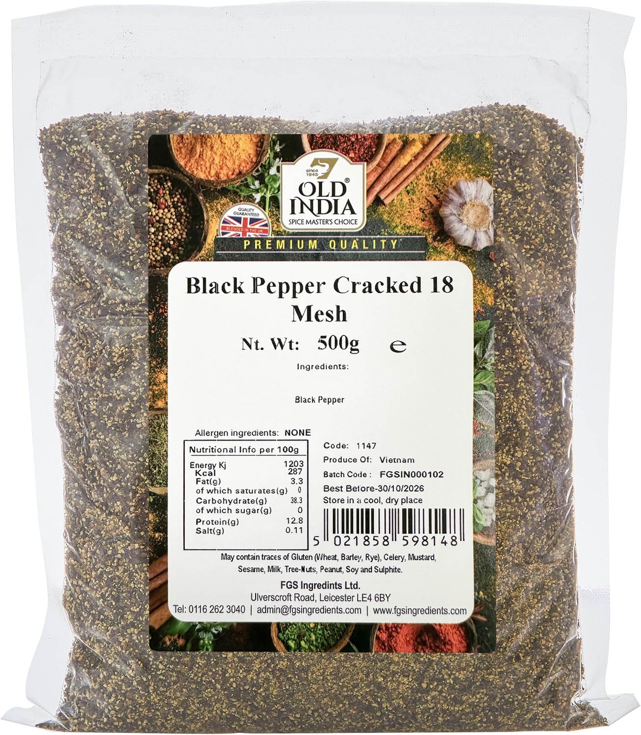Old India Cracked Black Pepper - 18 Mesh Coarseness | 500g Natural Spice