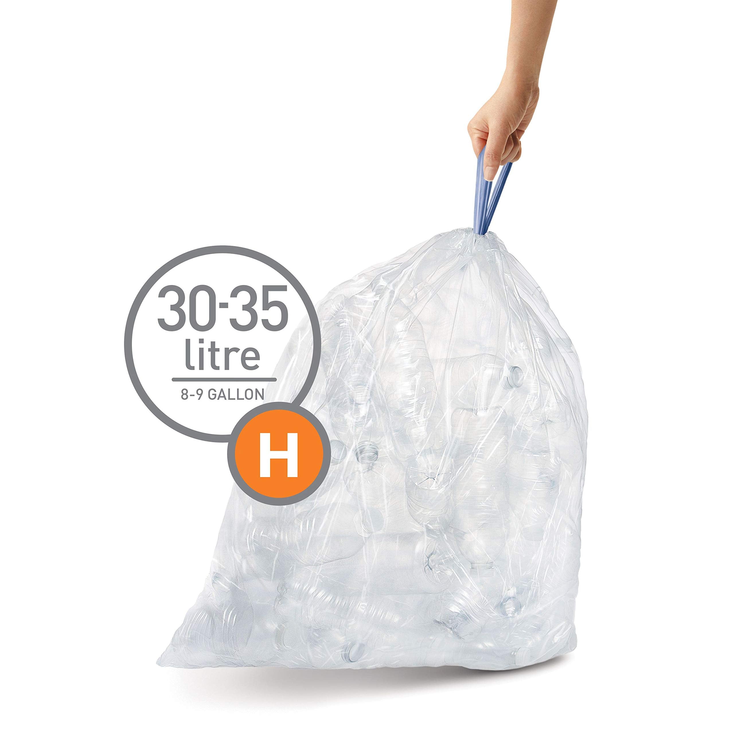 simplehuman CW0286 Code H Custom Fit Bin Liner - 35L Capacity, Unscented, Clear Plastic | 60 Count (3 x 20)