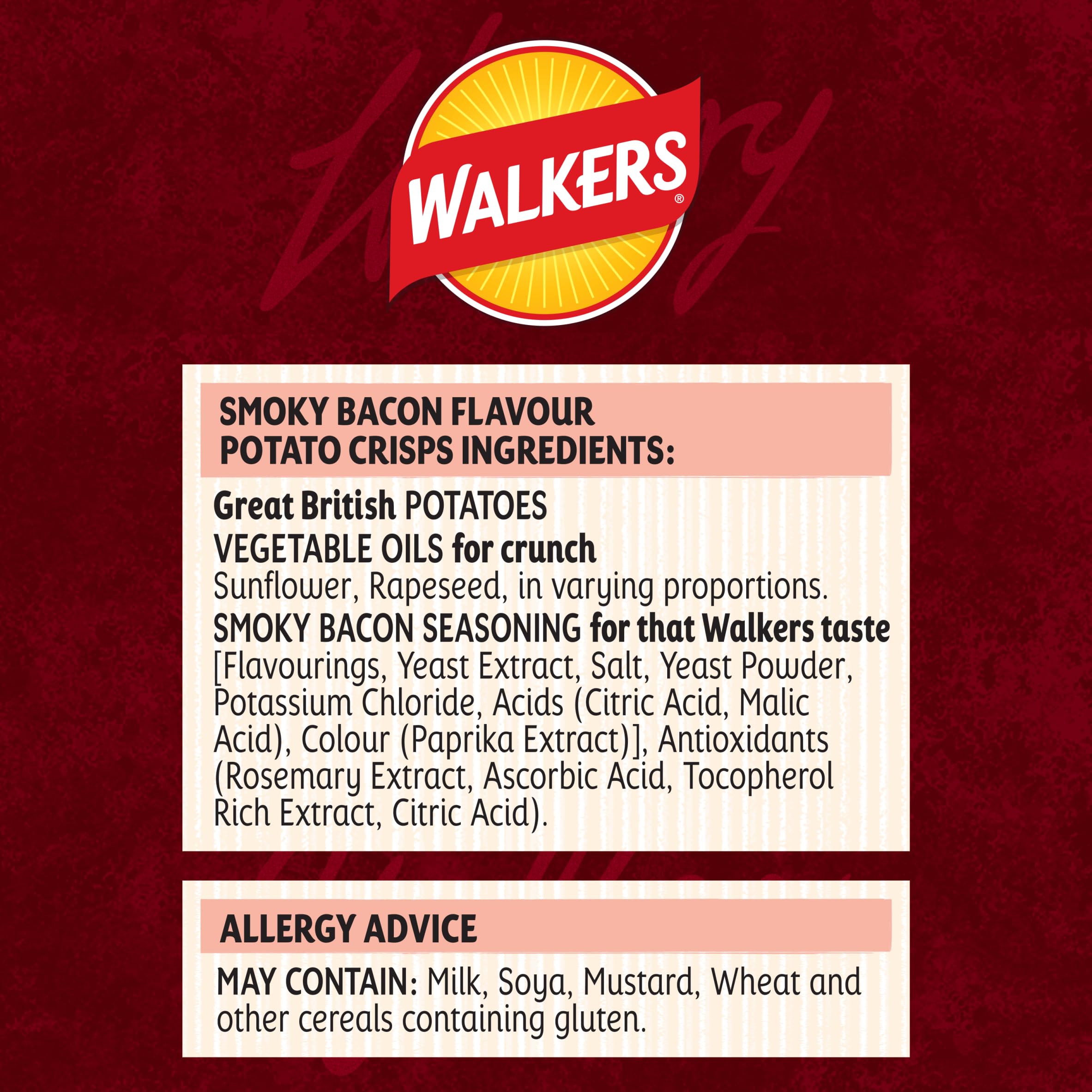 Walkers Smoky Bacon Crisps - 45g Single Bag | Case of 32 | Vegetarian