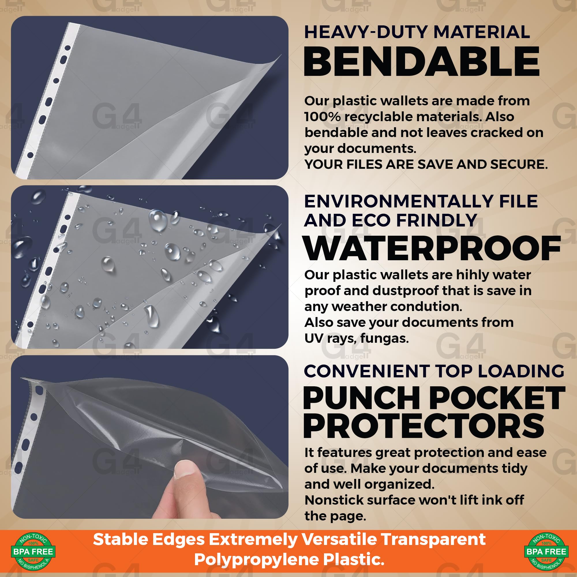 G4GADGET 100 Pcs A4 Plastic Punched Pockets - 30 Micron Clear Textured Finish for Filing 3