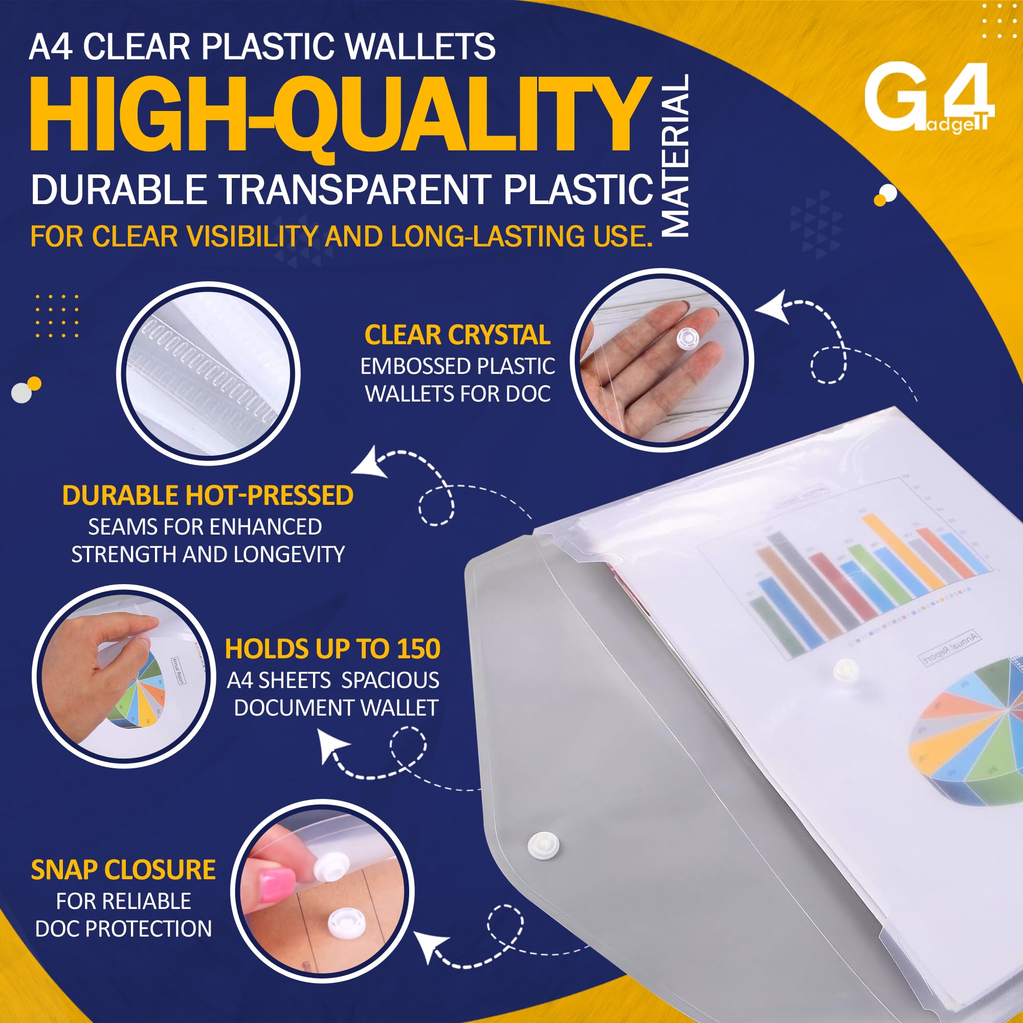 G4GADGET A4 Clear Plastic Wallets - Pack of 5, Popper Closure, 50 Sheet Capacity 3