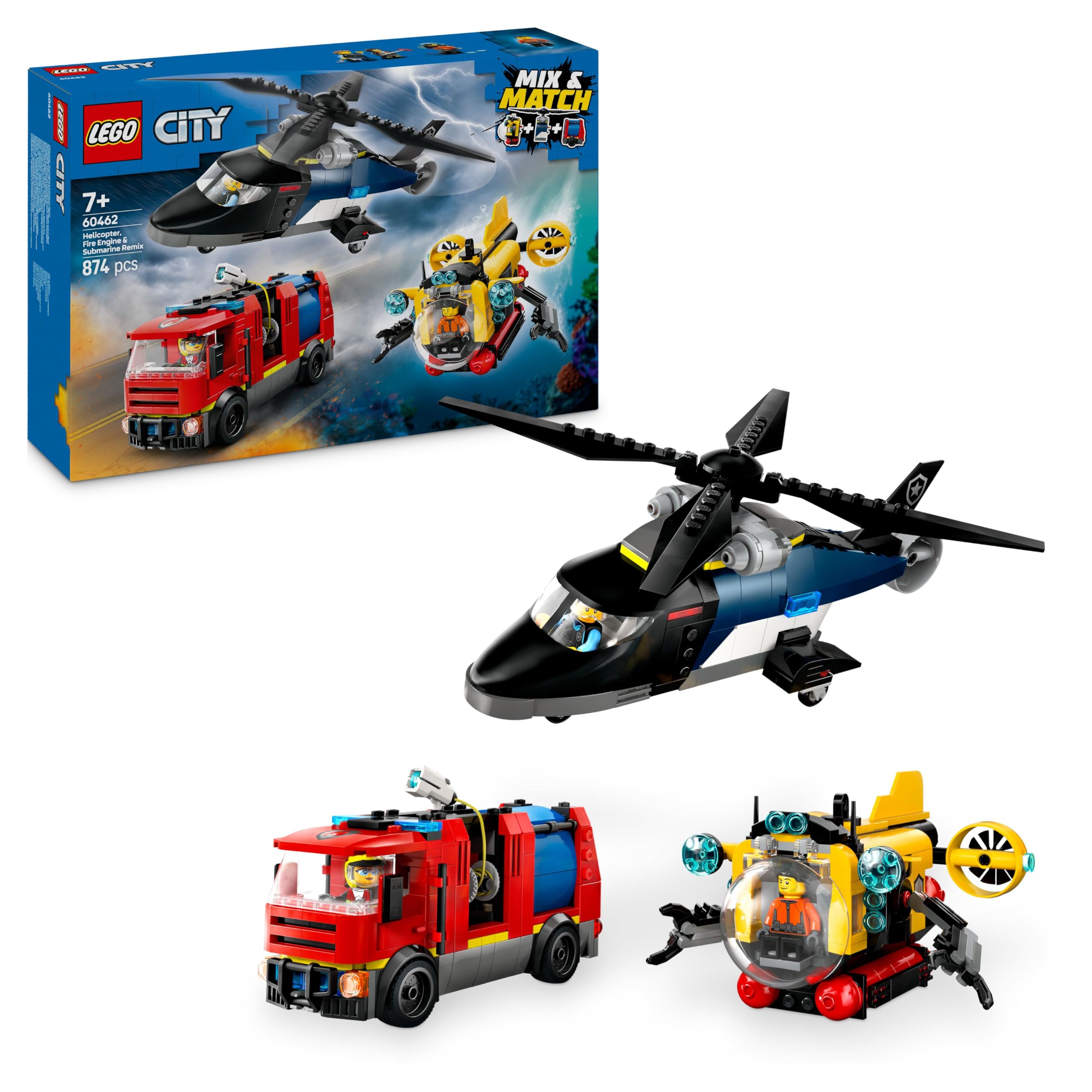 LEGO City 60462 Helicopter, Fire Truck & Submarine Remix Building Set | Ages 7+ 1