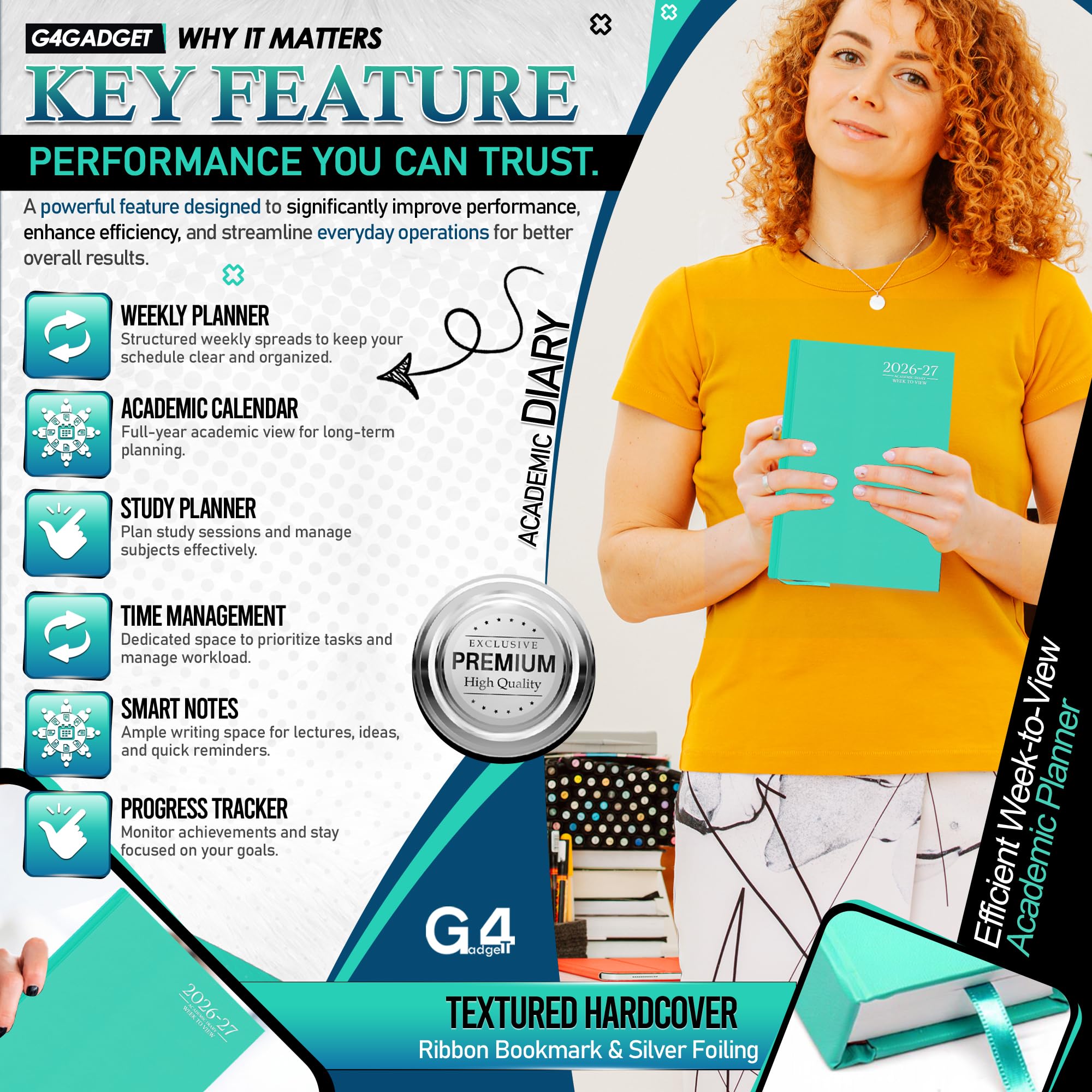 G4GADGET 2026-2027 Academic Diary - A5 Week To View, Teal Hardback 3