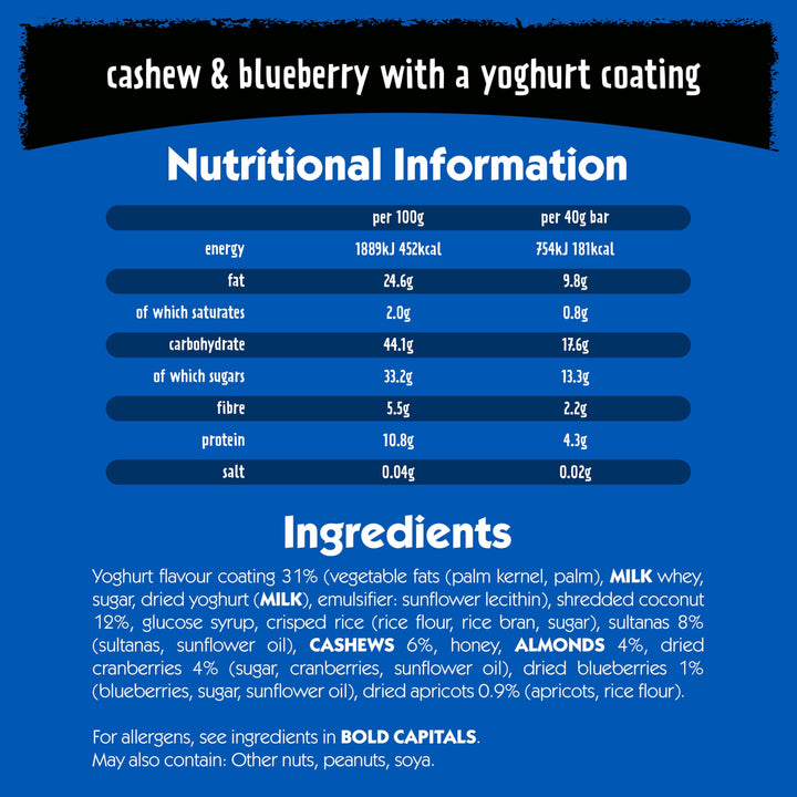 Eat Natural - Cashew & Blueberry with Yoghurt Coating Fruit & Nut Bars (12 x 40g)