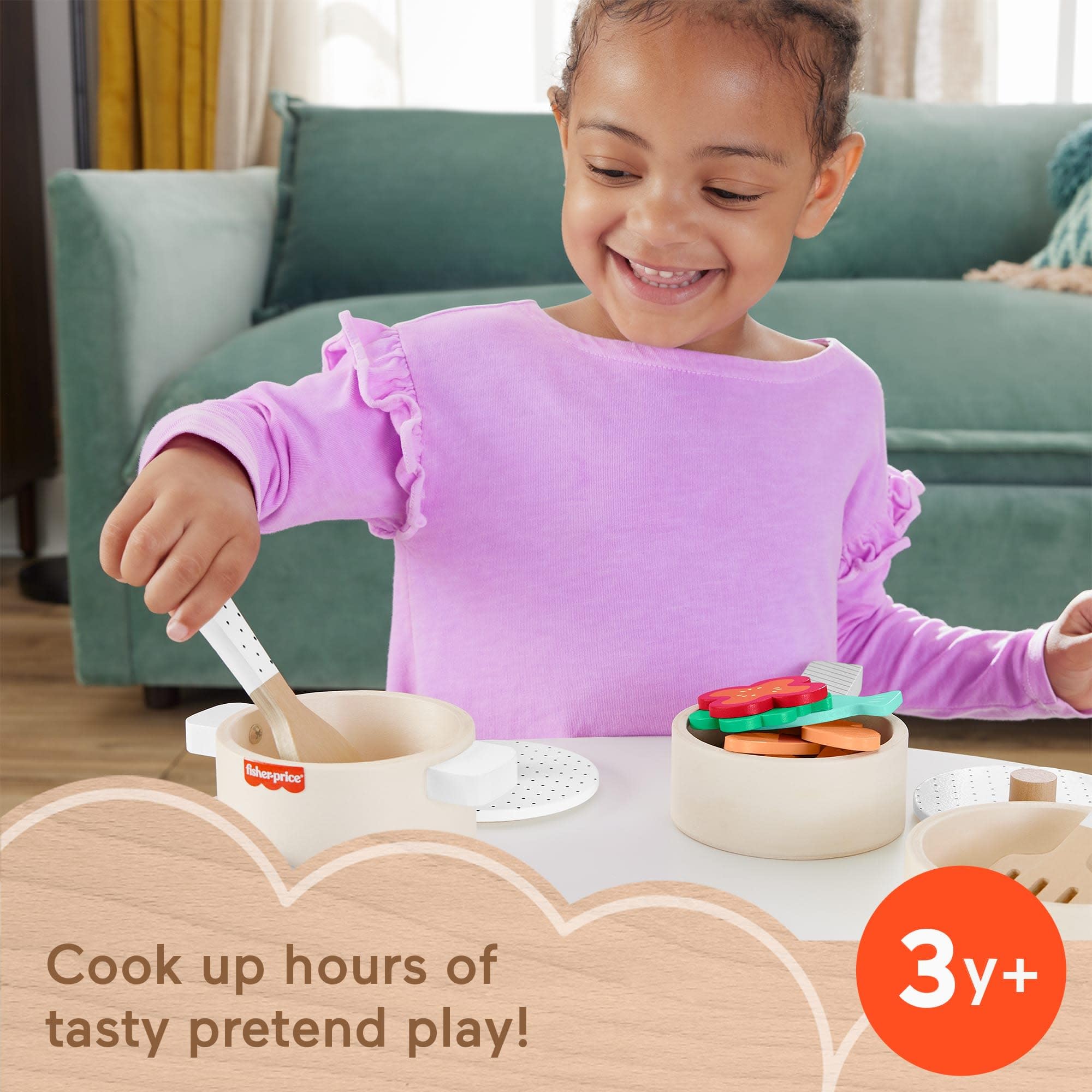 Fisher-Price Wood Kitchen Pretend Play Pots & Pans Set - 19-Piece Playset for Kids Ages 3+ 5