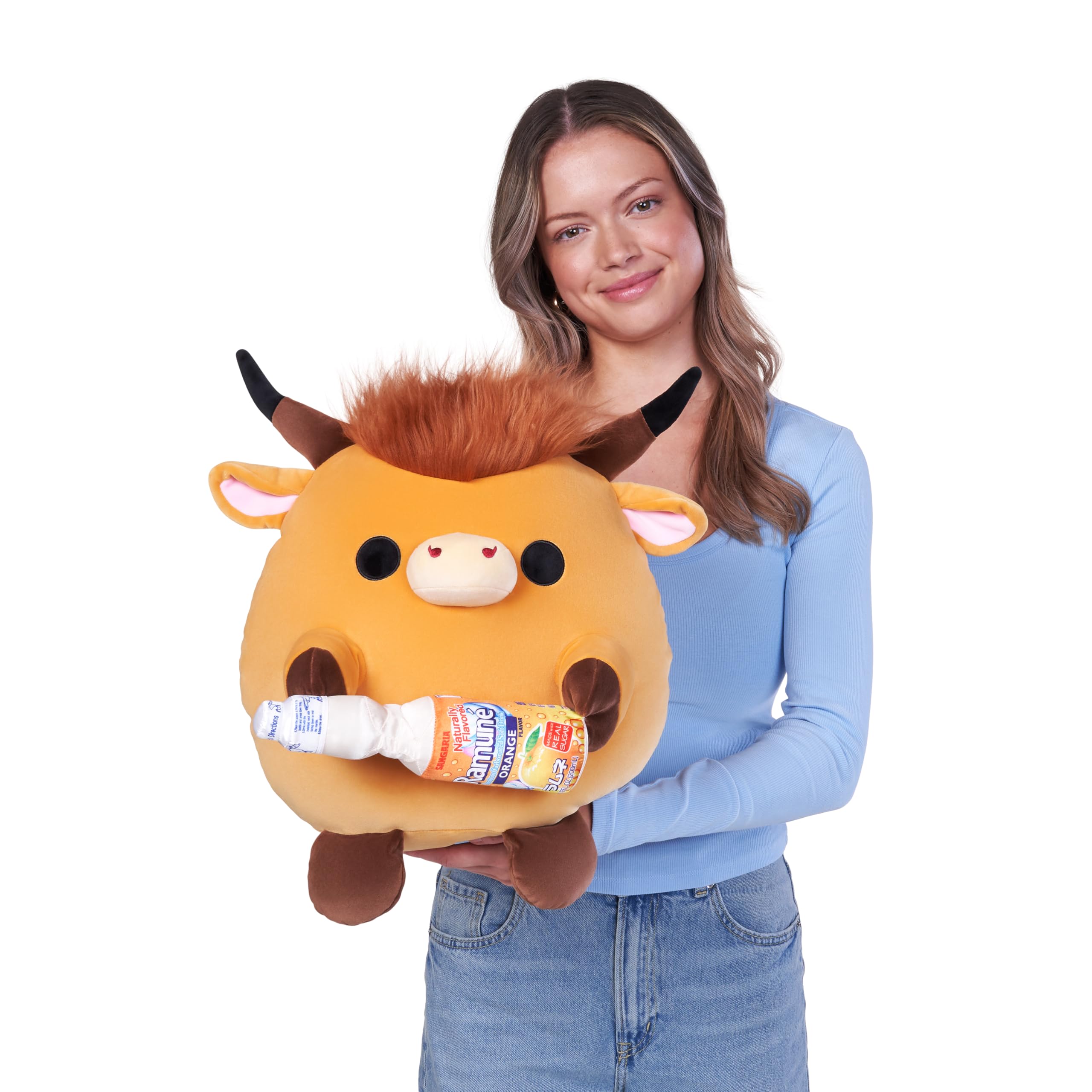 Snackles Robbie Highland Cow Plush - 14-inch Soft Toy with Sangaria O-mazing Orange Ramune Snack 7
