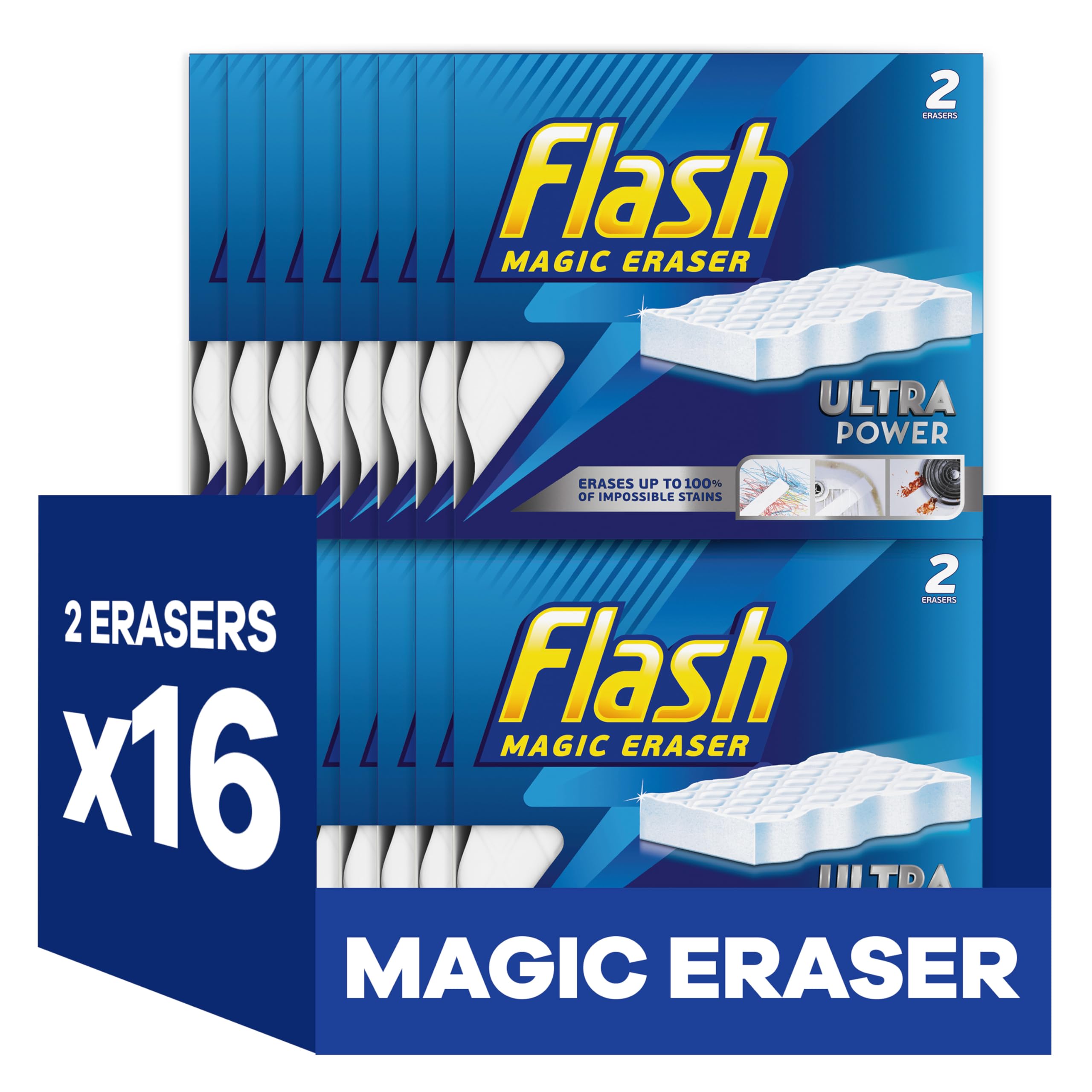 FLASH Ultra Power Magic Eraser Stain Remover | 32 Count (16x2 Pack) | Removes Grime & Scuffs 1