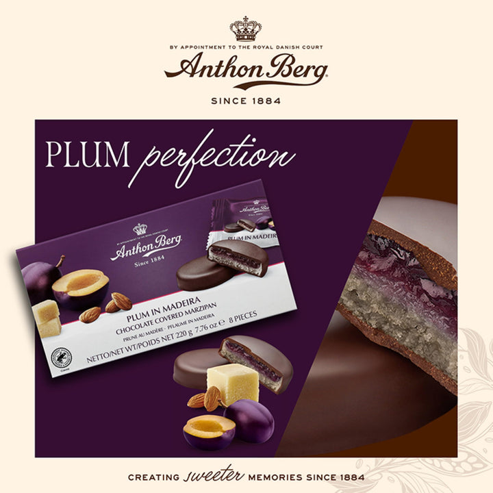 Anthon Berg Dark Chocolate Covered Marzipan Treats with Plum in Madeira 220g