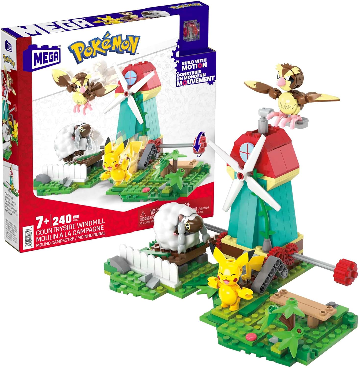 MEGA Pokémon Kids Building Toys - 240-Piece Countryside Windmill with Motion Brick, Pikachu, Pidgey & Wooloo Figures 1