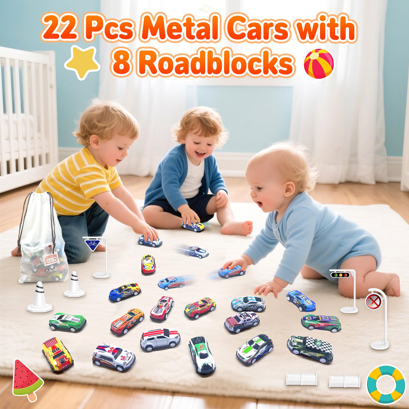 TOYABI 22Pc Metal Shell Pull-Back Race Car Set with 8 Roadblocks for Kids | Ages 3+ 7