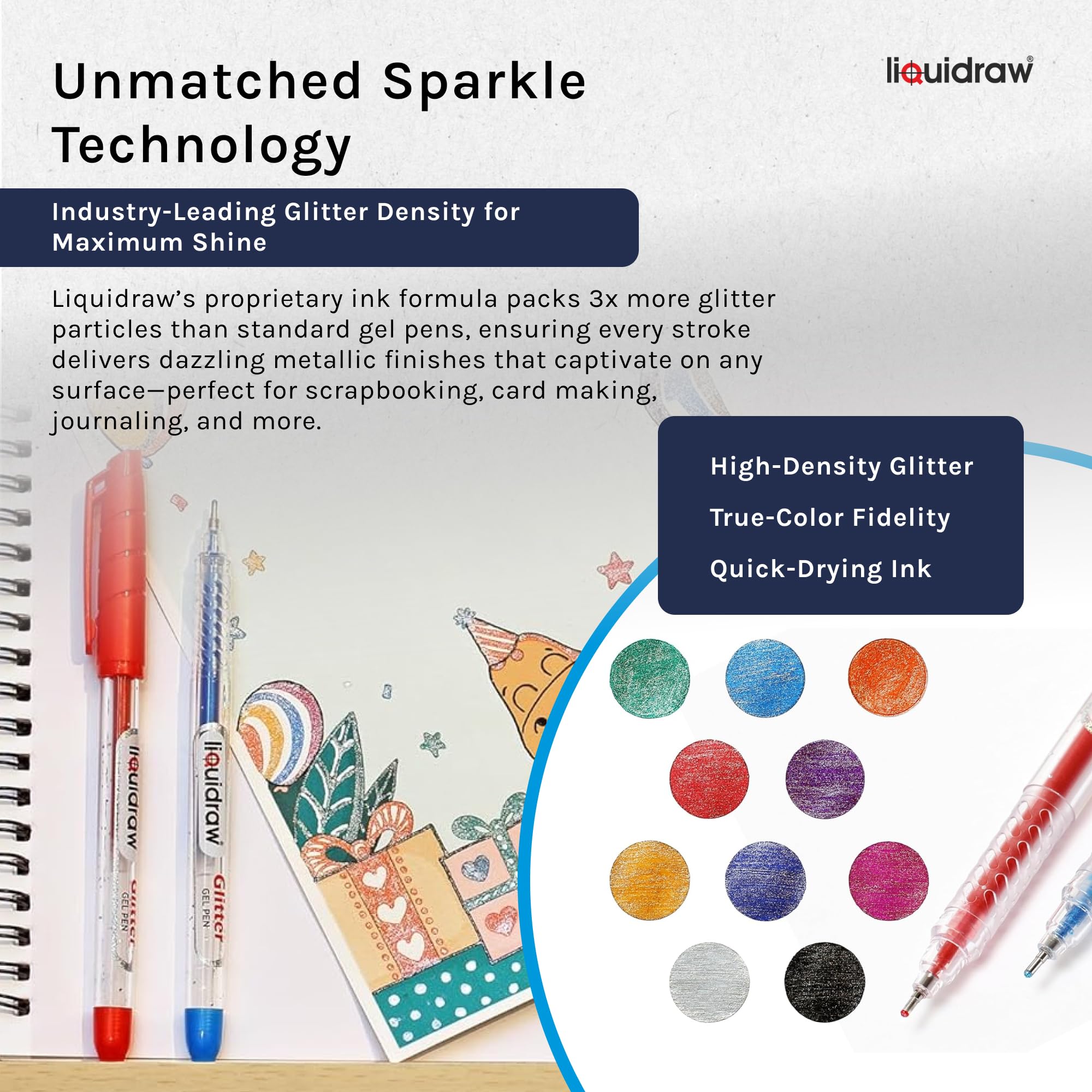 Liquidraw Glitter Gel Pens - Set of 10 | 1.0mm Fine Point | Multicoloured Ink